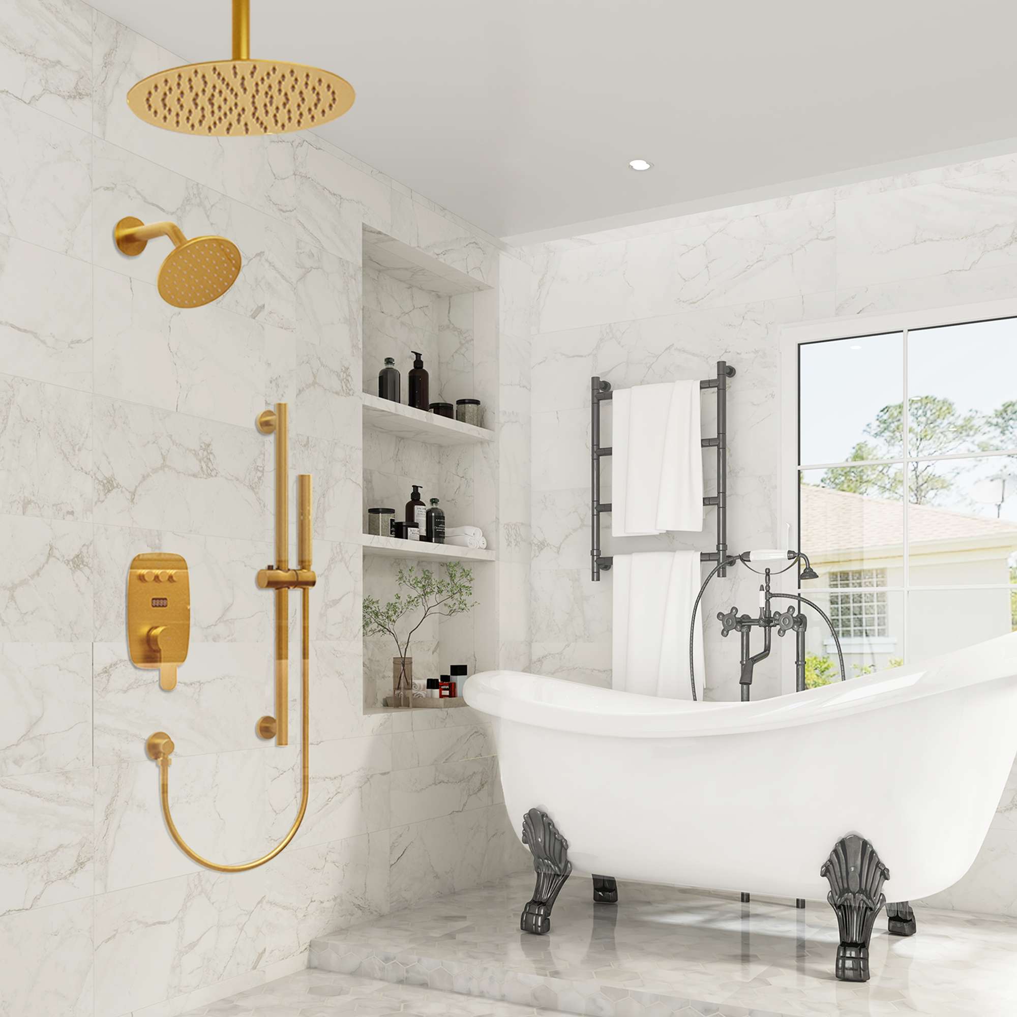 12" Ceiling-Mounted Dual Shower System with Slide Bar & Digital Display