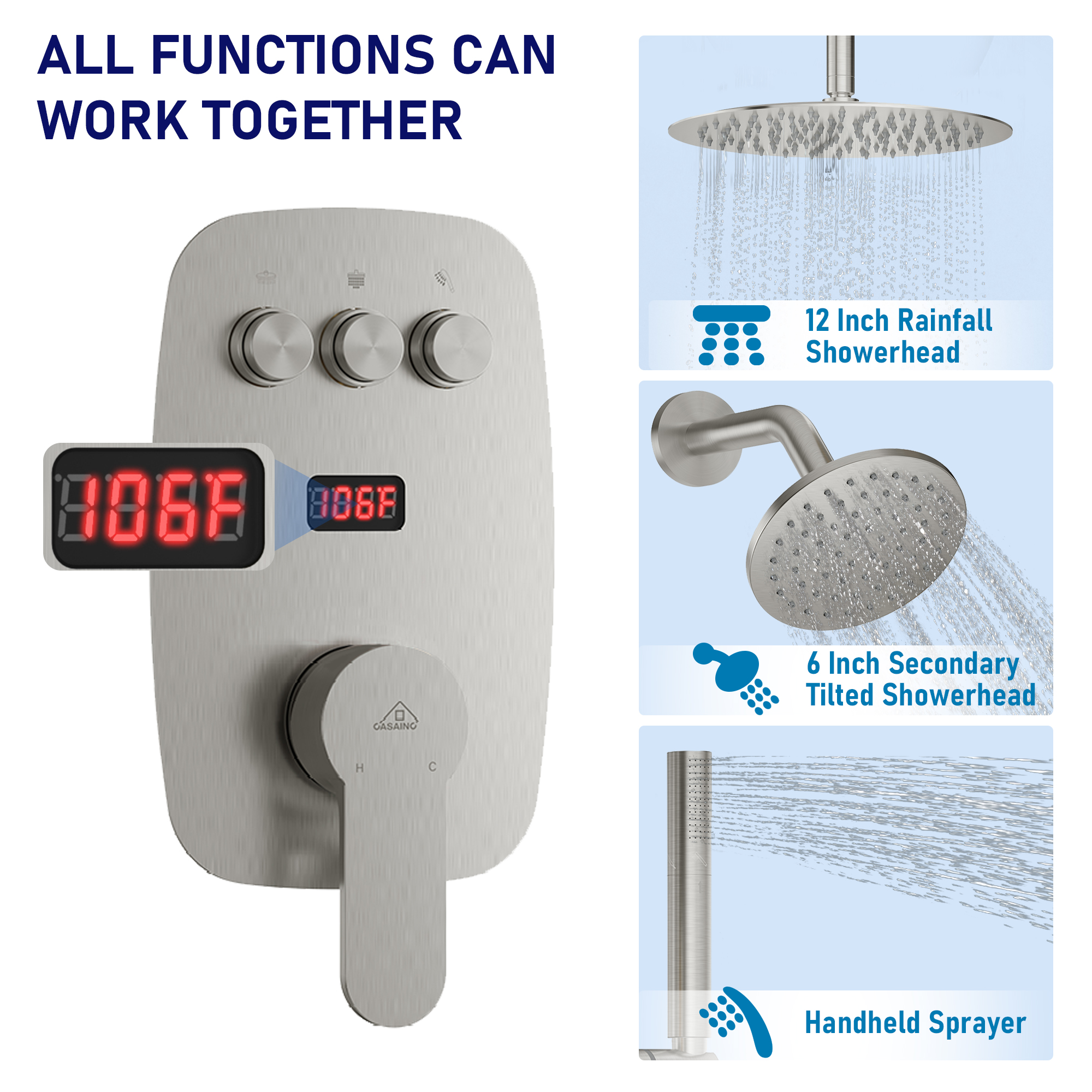 12" Ceiling-Mounted Dual Shower System with Slide Bar & Digital Display