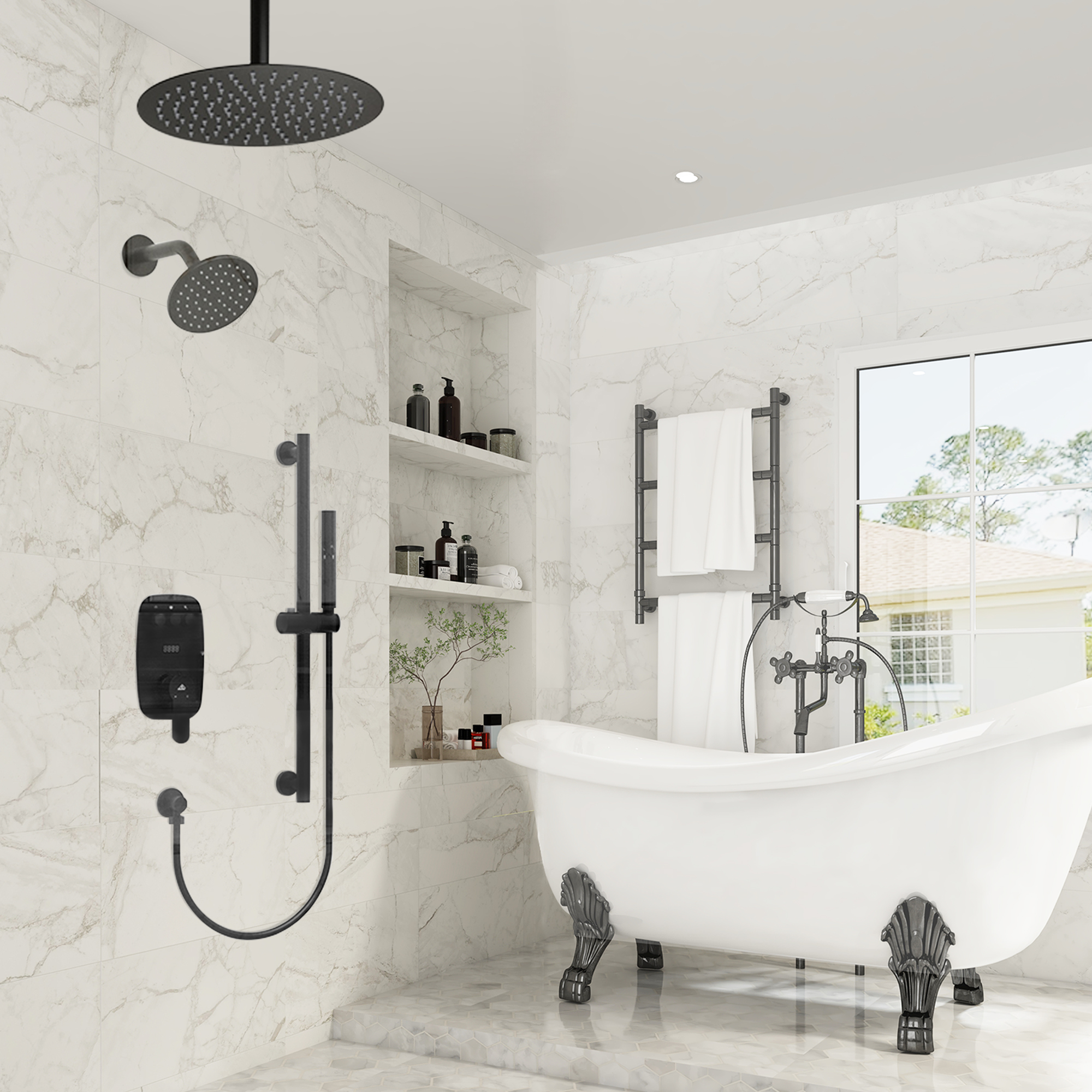 12" Ceiling-Mounted Dual Shower System with Slide Bar & Digital Display
