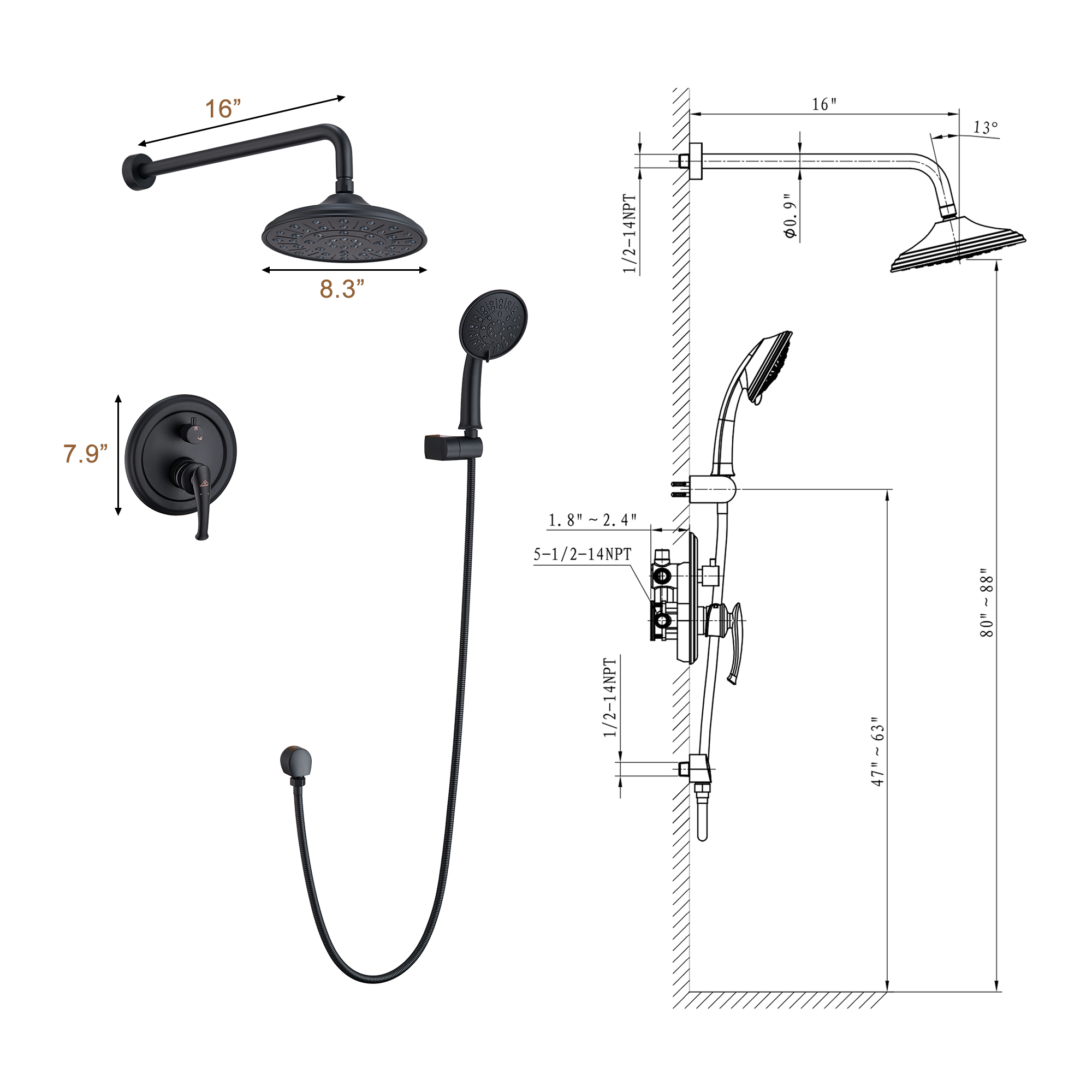 8.3" Wall-mounted Rain Shower System with Handheld & Valve Included