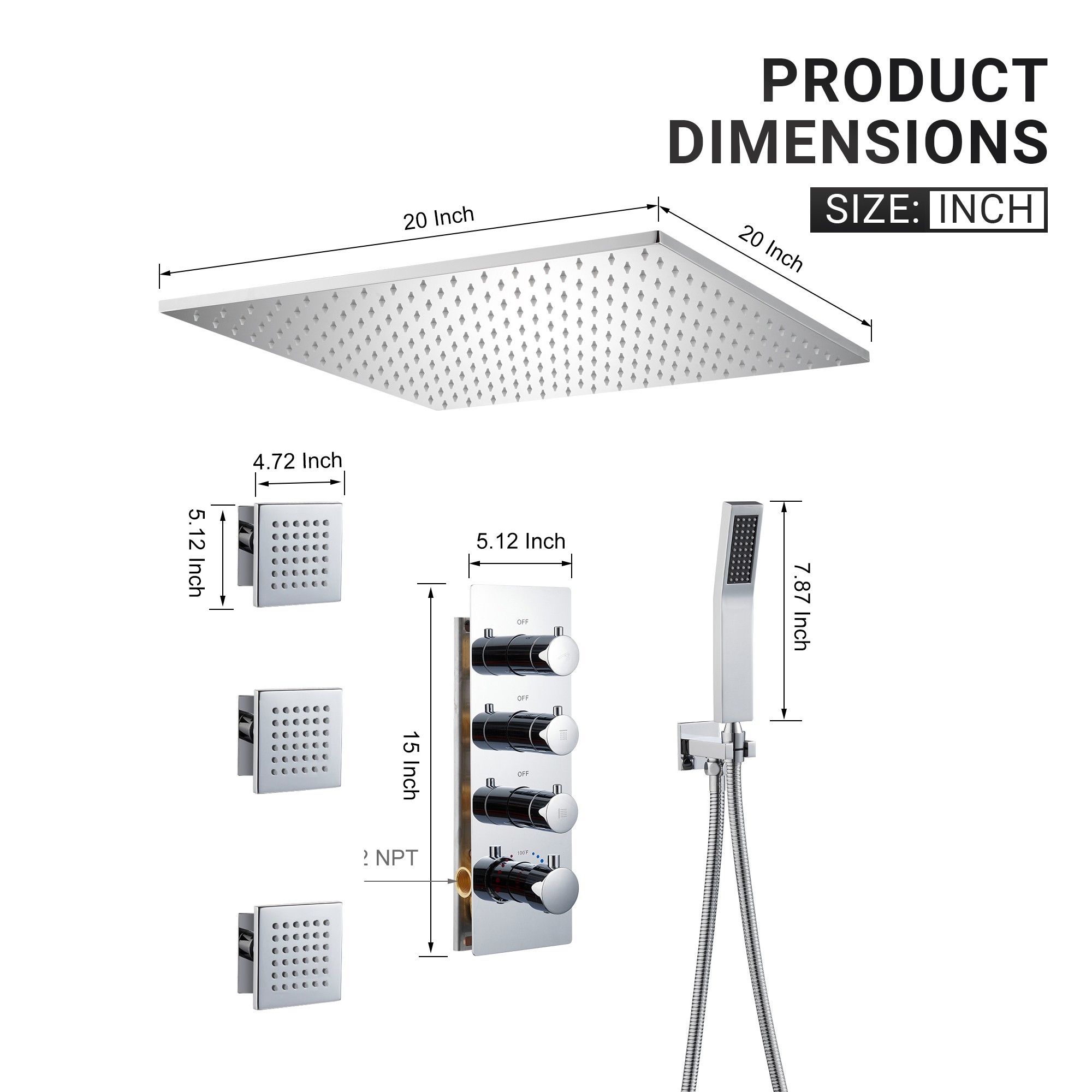 20" Luxury 3-in-1 Shower System with Shower Handheld and Body Jets