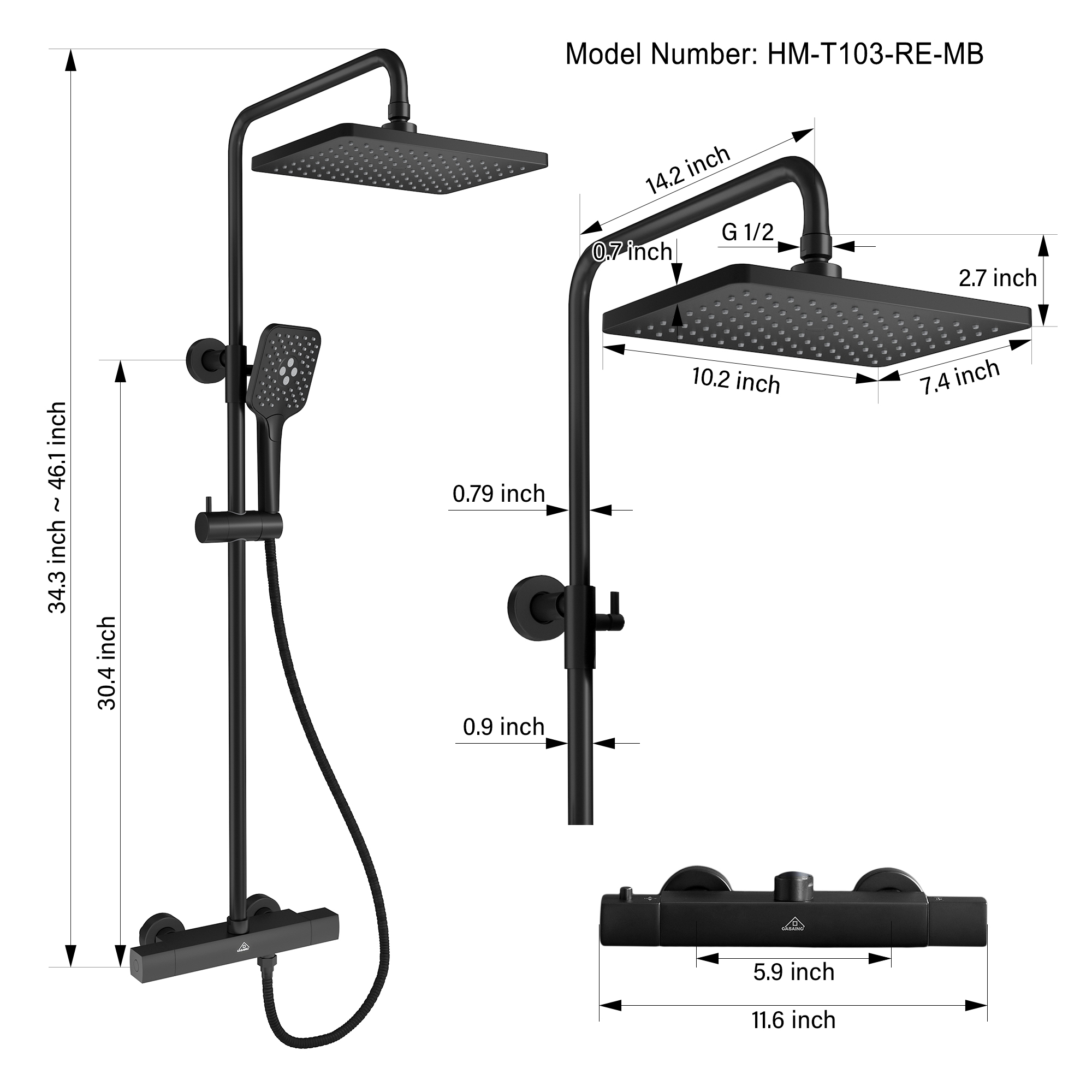 11.4*7.5" Thermostatic Rain Shower Faucet with Slide Bar in Matte Black