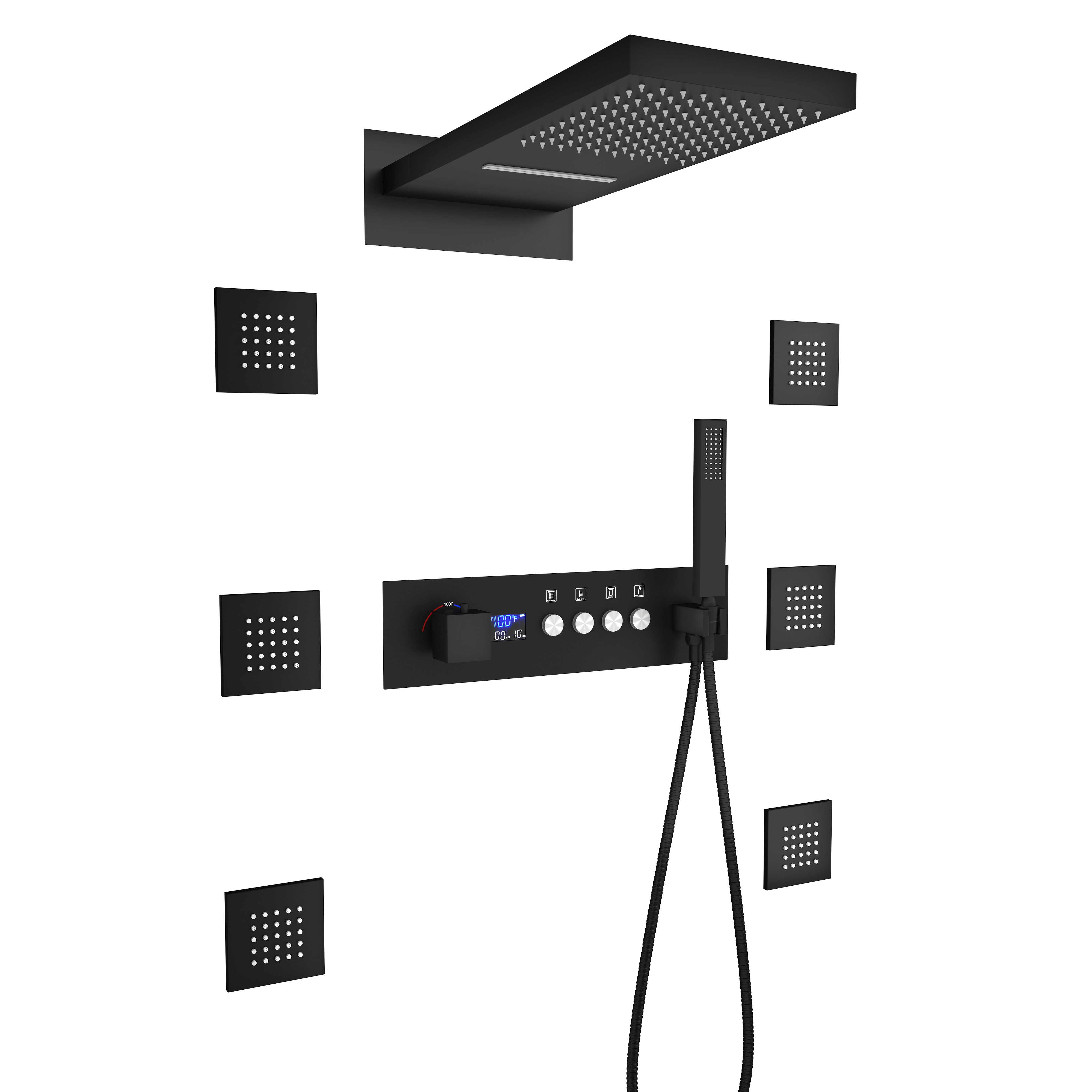 22*9 inch 4-Function Thermostatic Shower System with Digital Display and 6 Body Jets