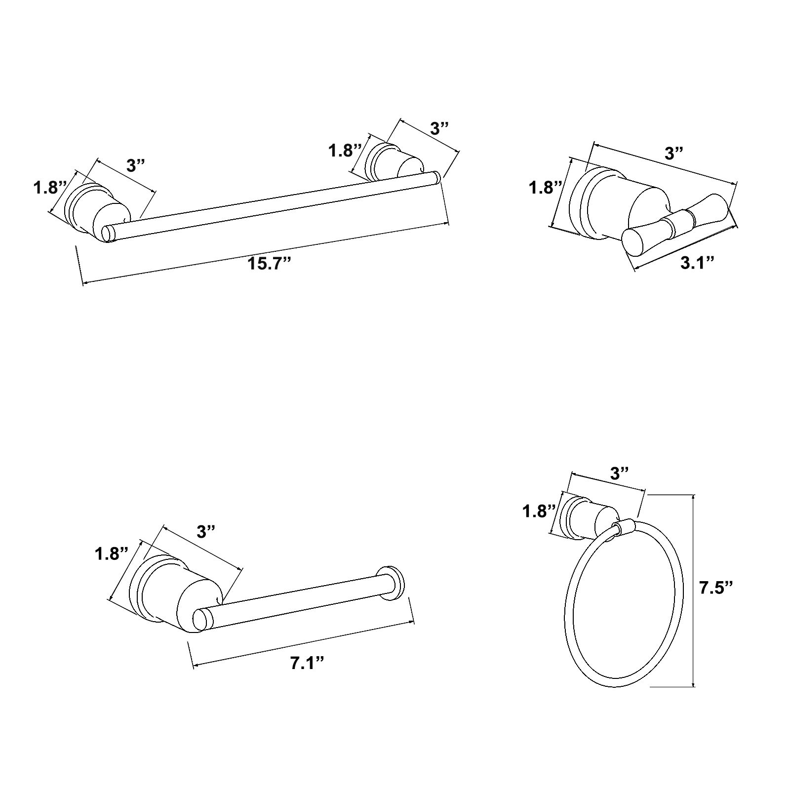 3-Piece Bathroom Hardware Set in Brushed Gold