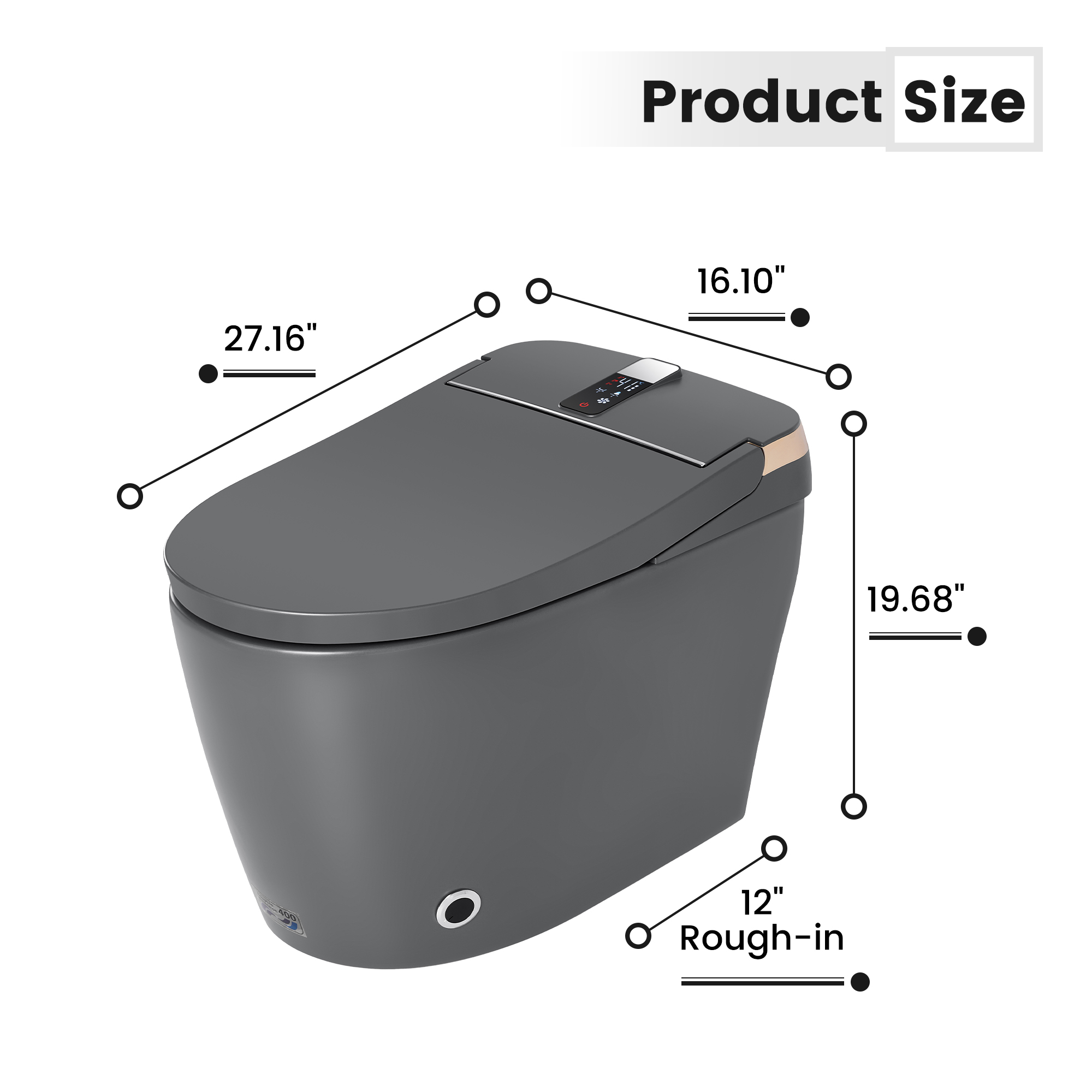 Luxe Smart Bidet Toilet with Built-in Deodorizer and LED Display, White, Black & Grey