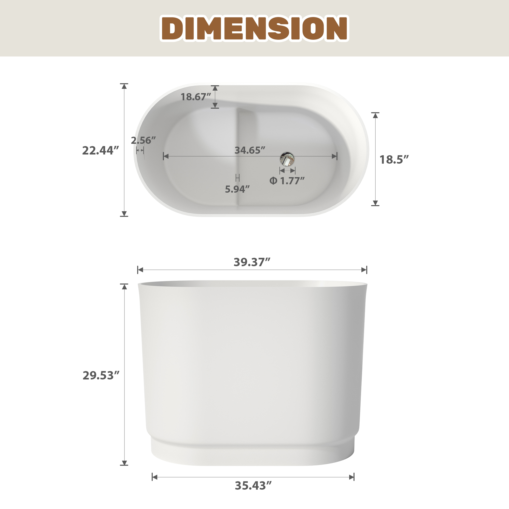 39" Small Freestanding Oval Solid Surface Soaking Bathtub with Built-In Seat - Tangent