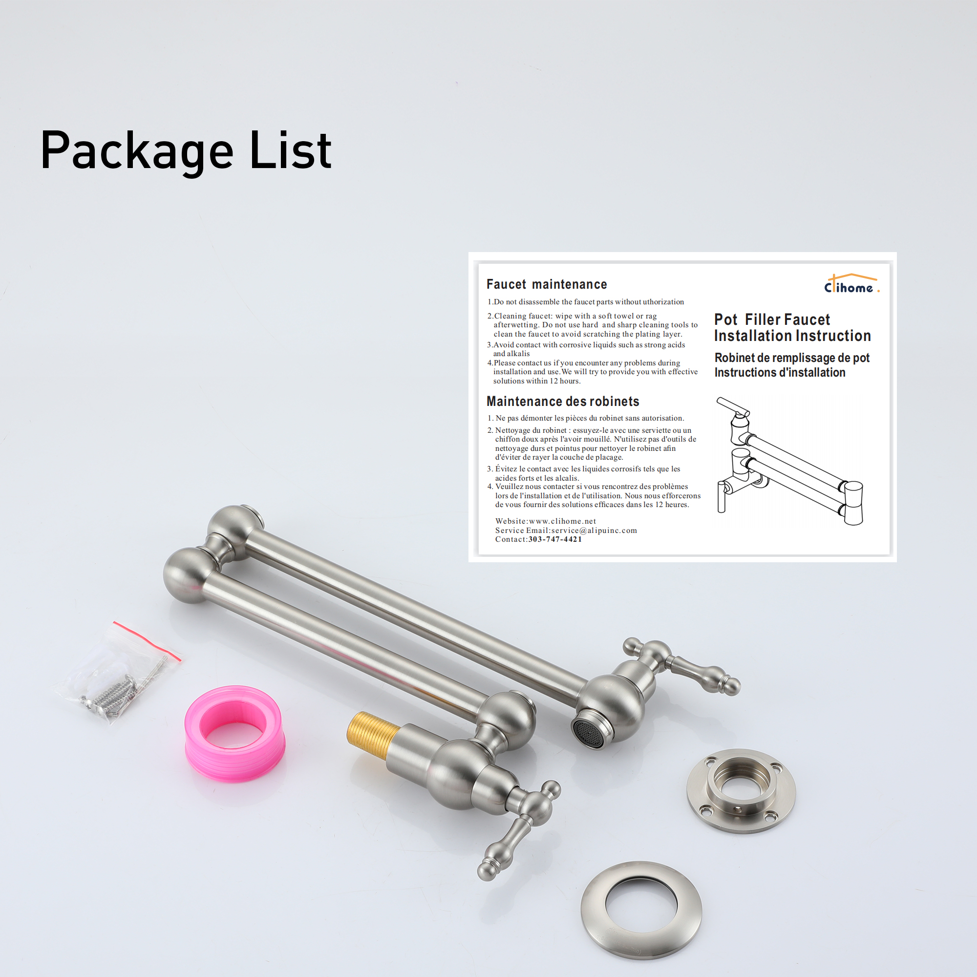 Wall Mounted Pot Filler Faucet with Double Handles, 360° Rotatable Folding Spout, Solid Brass Construction, Anti-Splash Aerator