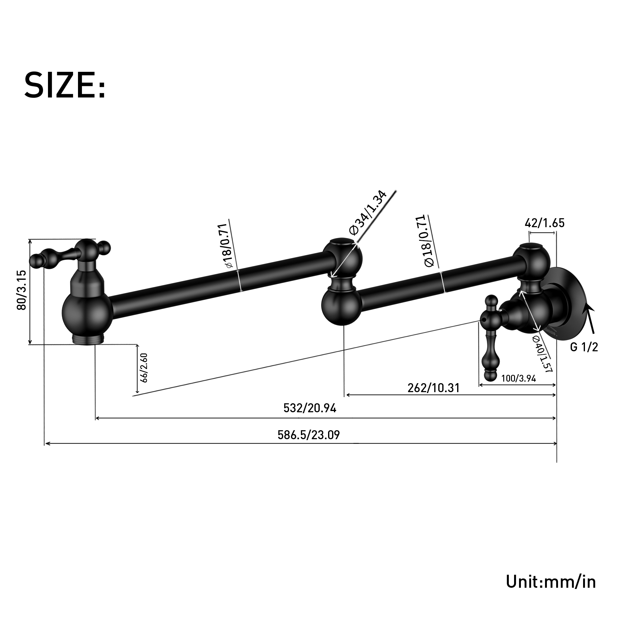 Wall Mounted Pot Filler Faucet with Double Handles, 360° Rotatable Folding Spout, Solid Brass Construction, Anti-Splash Aerator