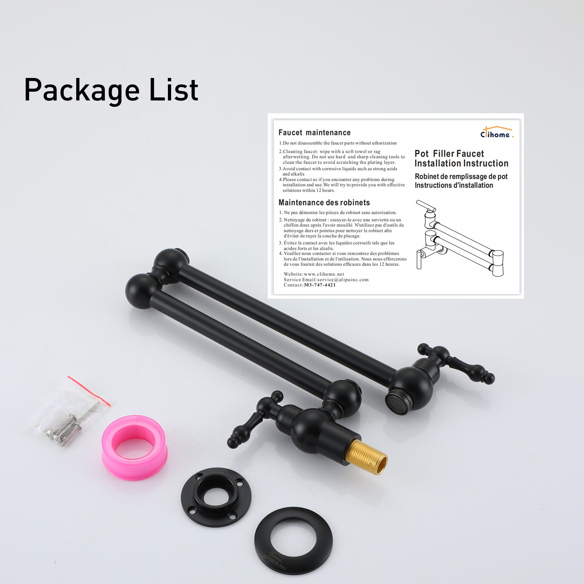 Wall Mounted Pot Filler Faucet with Double Handles, 360° Rotatable Folding Spout, Solid Brass Construction, Anti-Splash Aerator