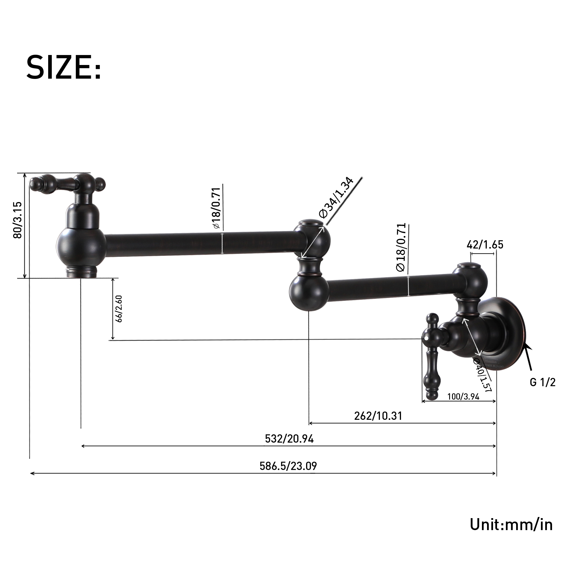 Wall Mounted Pot Filler Faucet with Double Handles, 360° Rotatable Folding Spout, Solid Brass Construction, Anti-Splash Aerator