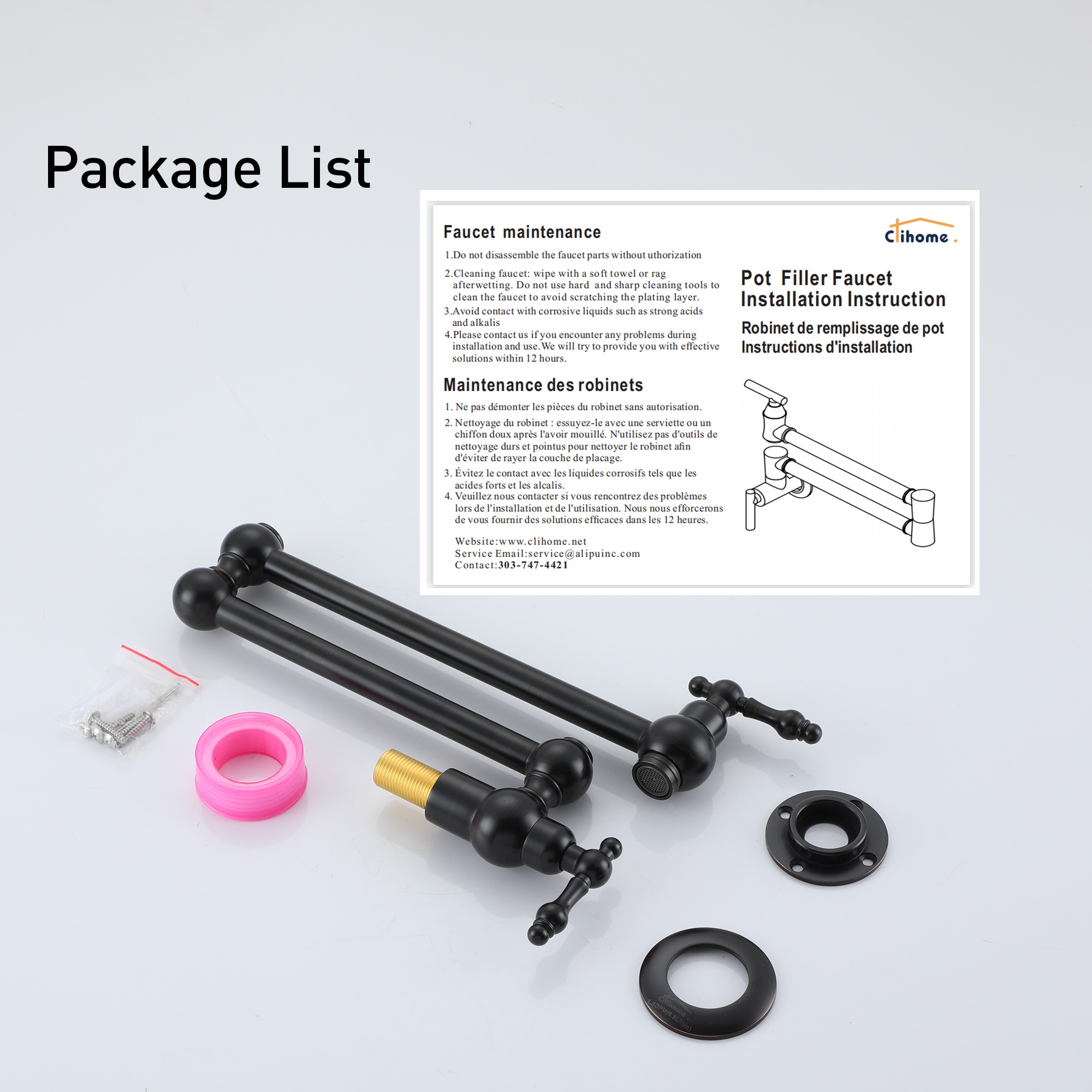 Wall Mounted Pot Filler Faucet with Double Handles, 360° Rotatable Folding Spout, Solid Brass Construction, Anti-Splash Aerator