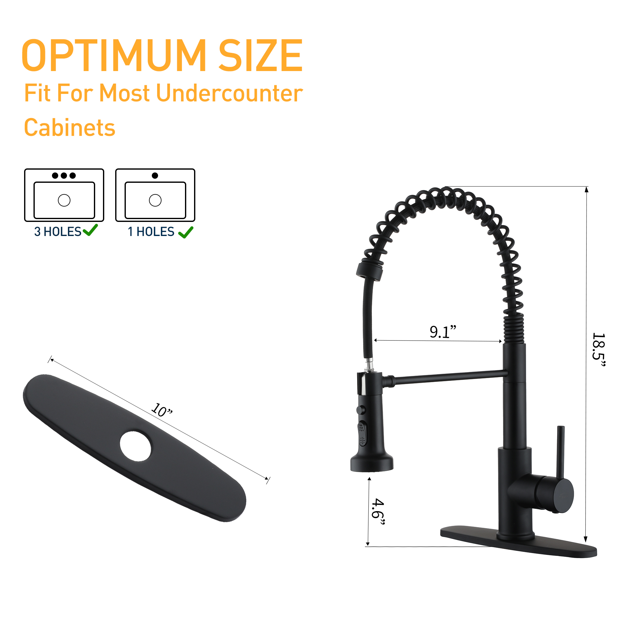 Pull-Down Kitchen Faucet Spring Design with Three-Function Sprayer and Deck Plate for Single or Three-Hole Installation