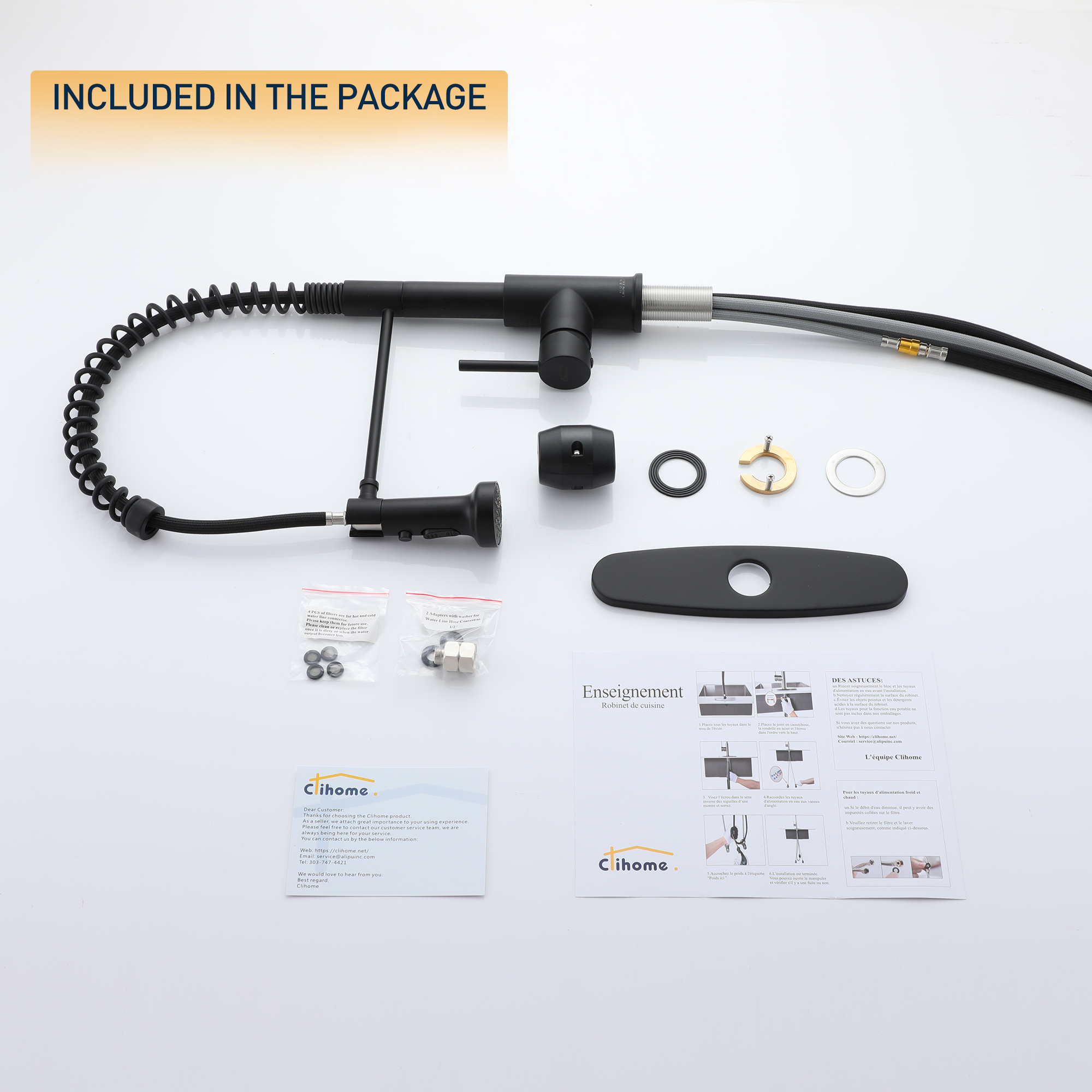 Pull-Down Kitchen Faucet Spring Design with Three-Function Sprayer and Deck Plate for Single or Three-Hole Installation