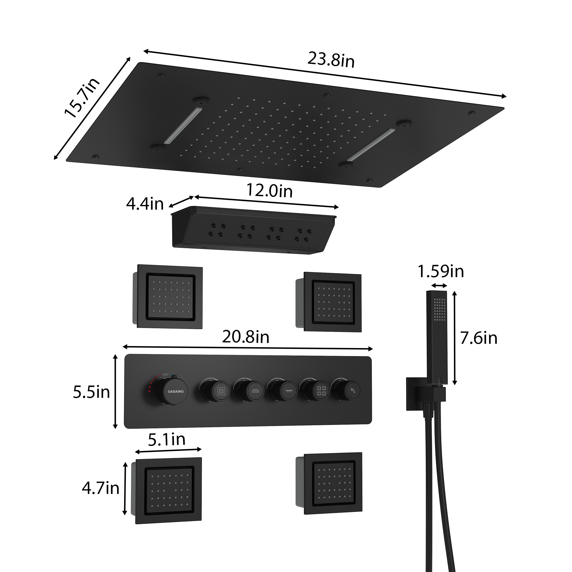 23.6" x 15.7" Ceiling-Mounted 5-Function Thermostatic Shower System with Neck/Back Massage Spout