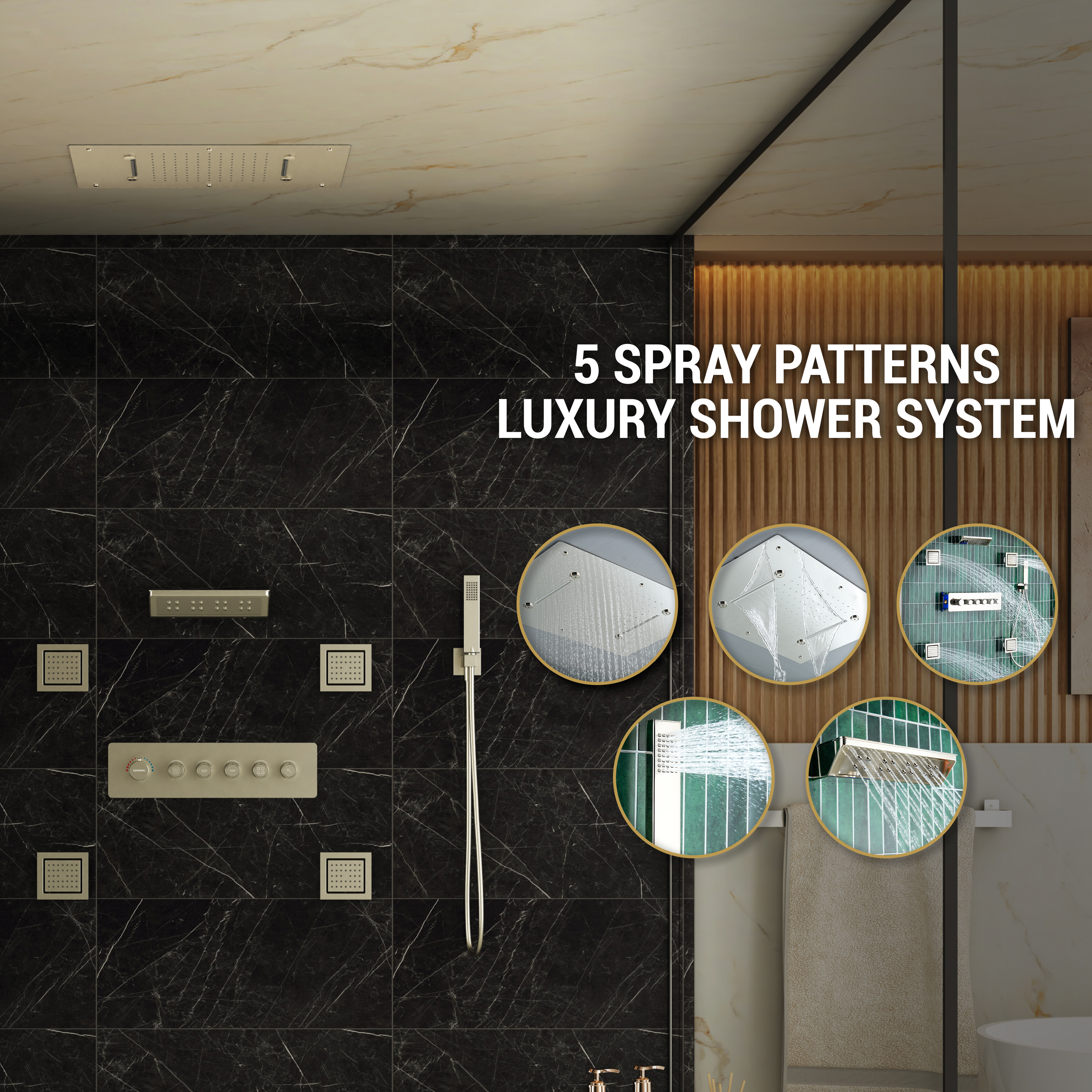 23.6" x 15.7" Ceiling-Mounted 5-Function Thermostatic Shower System with Neck/Back Massage Spout