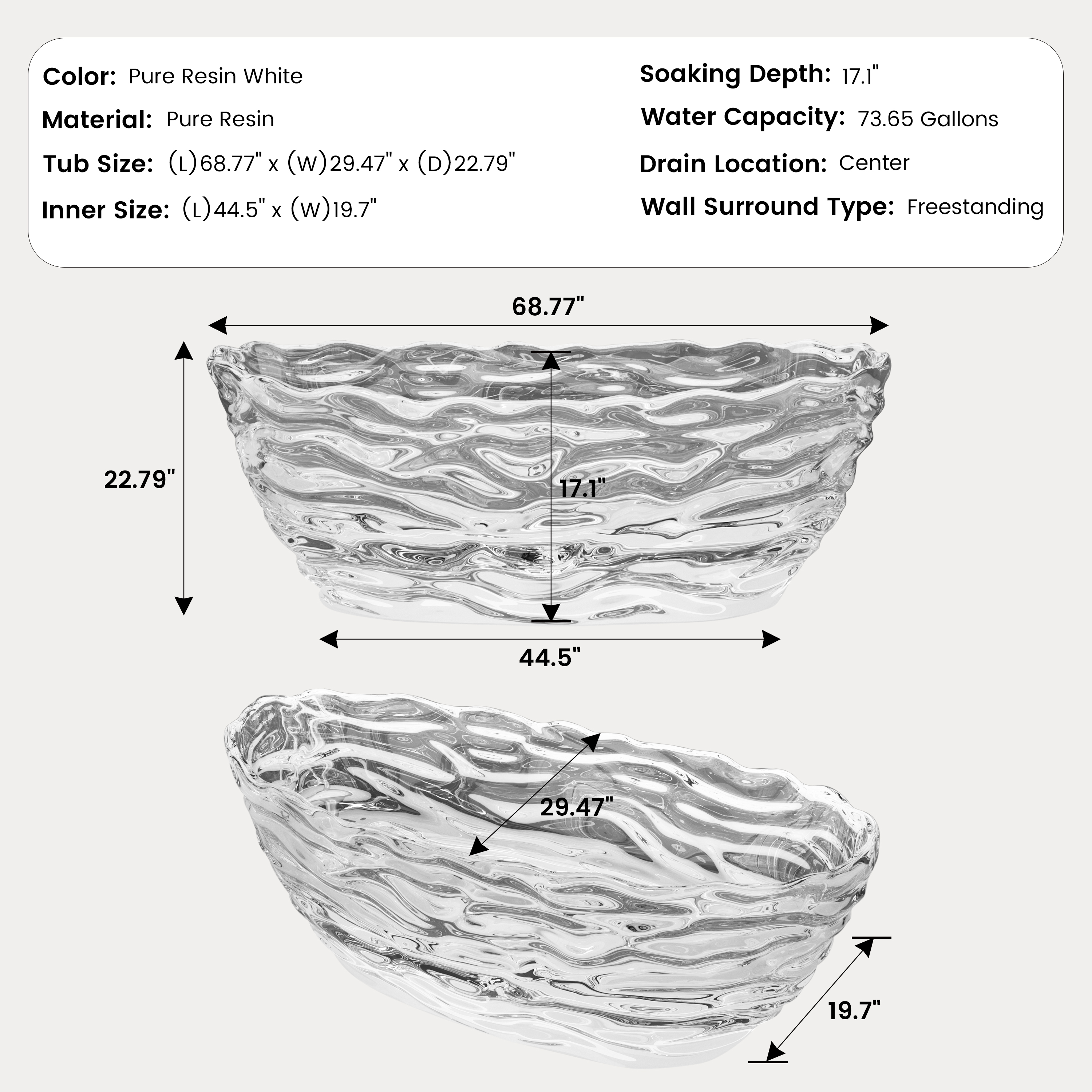 69" Sculptural Transparent Resin Freestanding Soaking Bathtub 