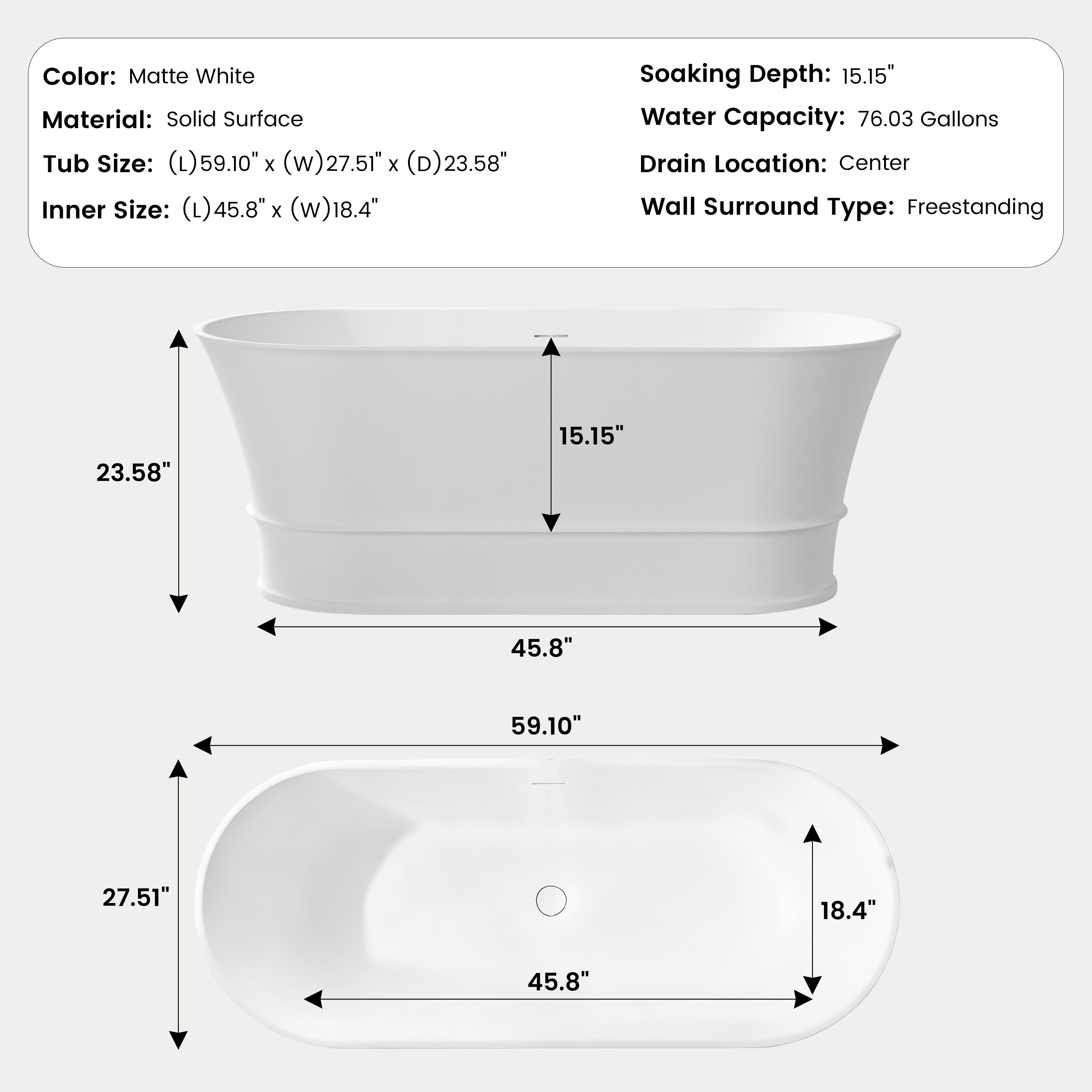 59" Matte White Solid Surface Freestanding Bathtub Oval Classic Soaking Tub