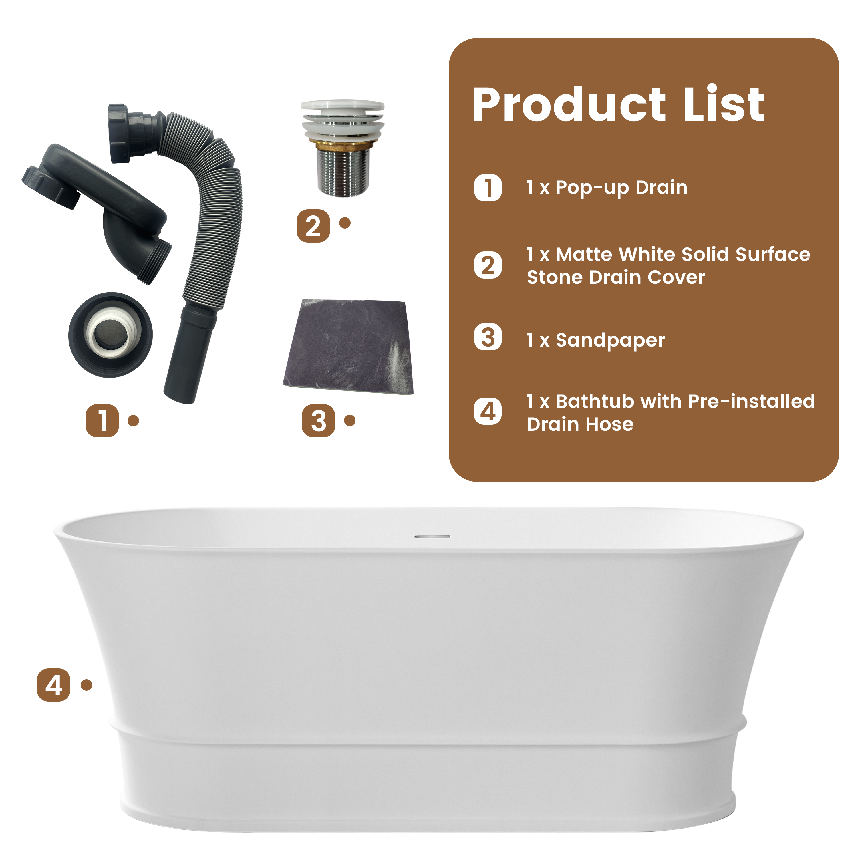 59" Matte White Solid Surface Freestanding Bathtub Oval Classic Soaking Tub