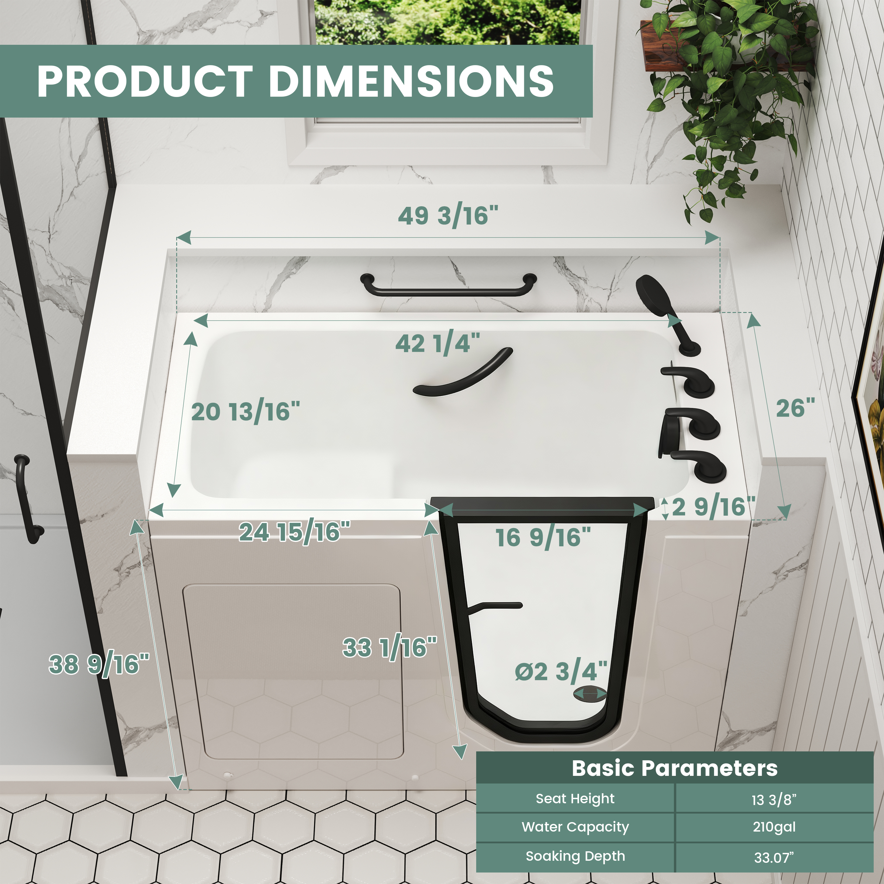 49" Glossy White Acrylic Walk-In Soaking Bathtub with High-Flow Faucet