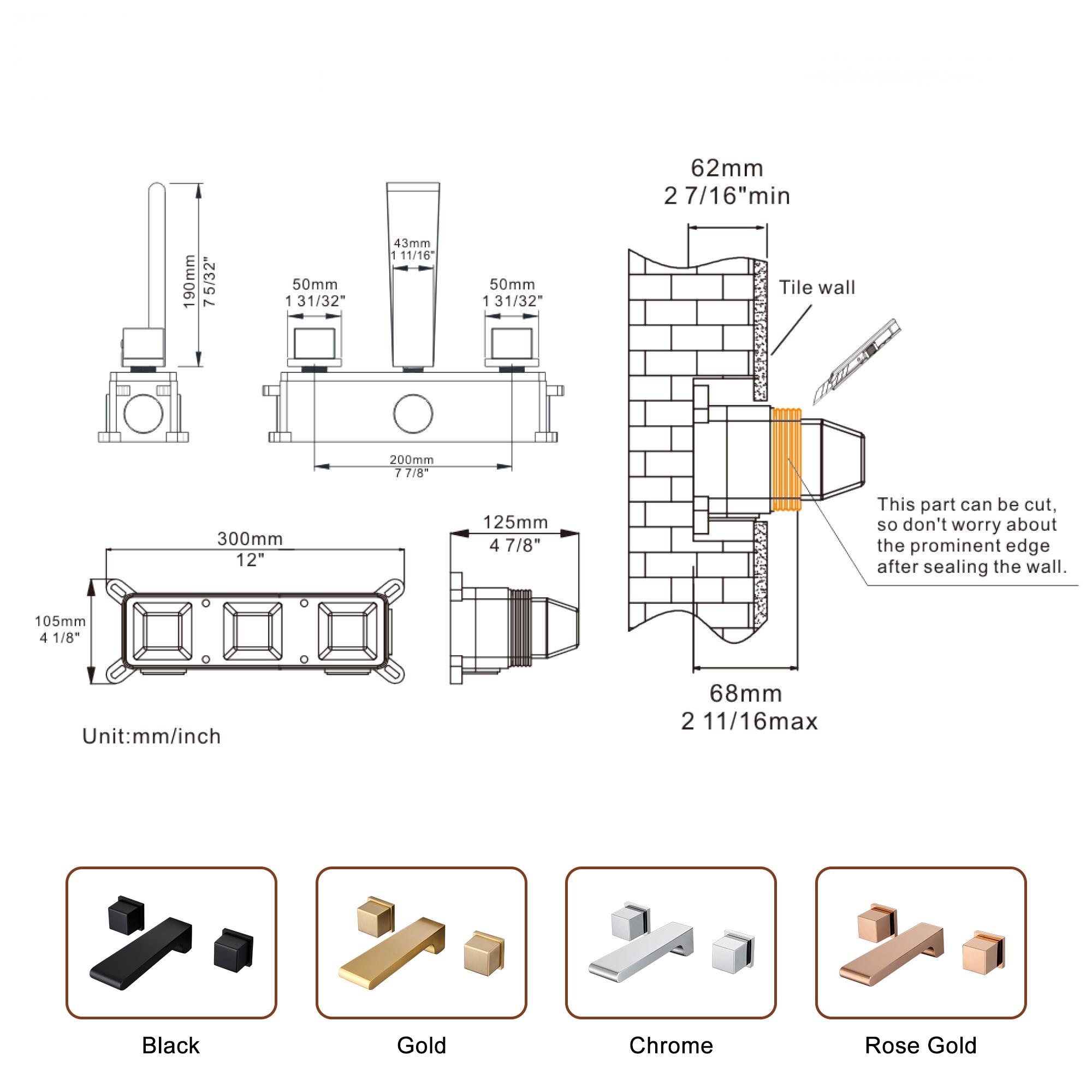 Wall-Mounted Waterfall Bathroom Basin Faucet in Brushed Rose Gold/Chrome