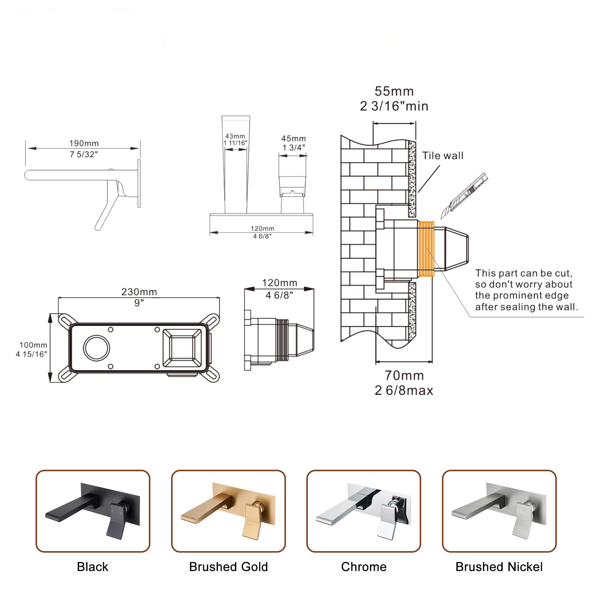Modern Single Handle Wall Mount Bathroom Faucet with Brass Spout & Plate