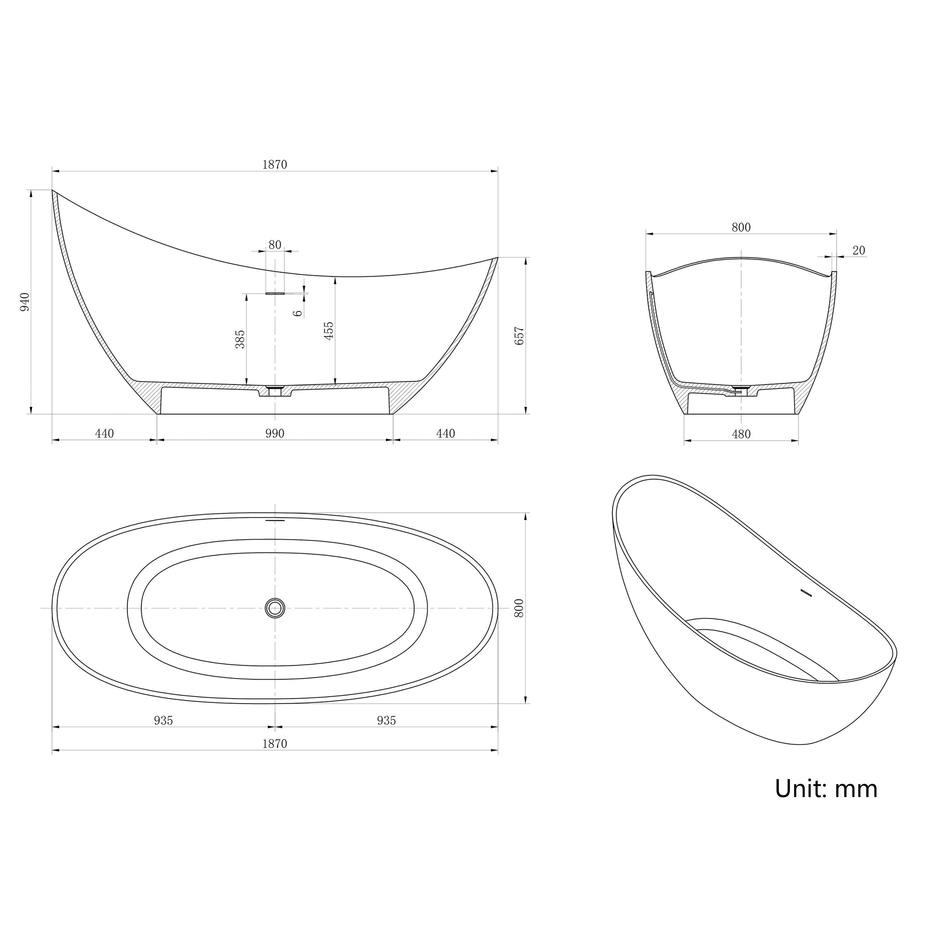 74" Sculptural Freestanding Solid Surface Bathtub with Artistic Ink-Wash Finish