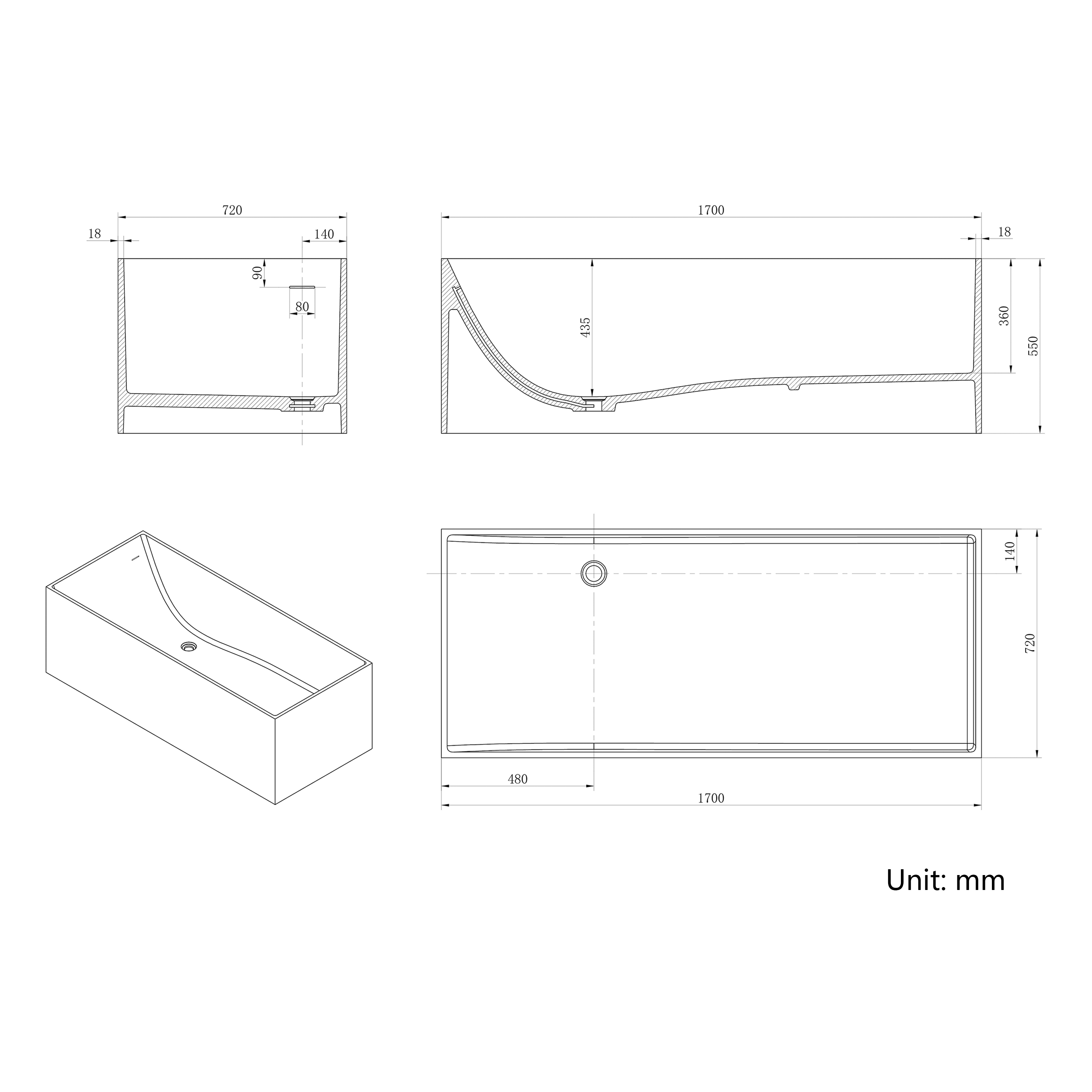 67" Rectangular Solid Surface Freestanding Bathtub with Square Silhouette