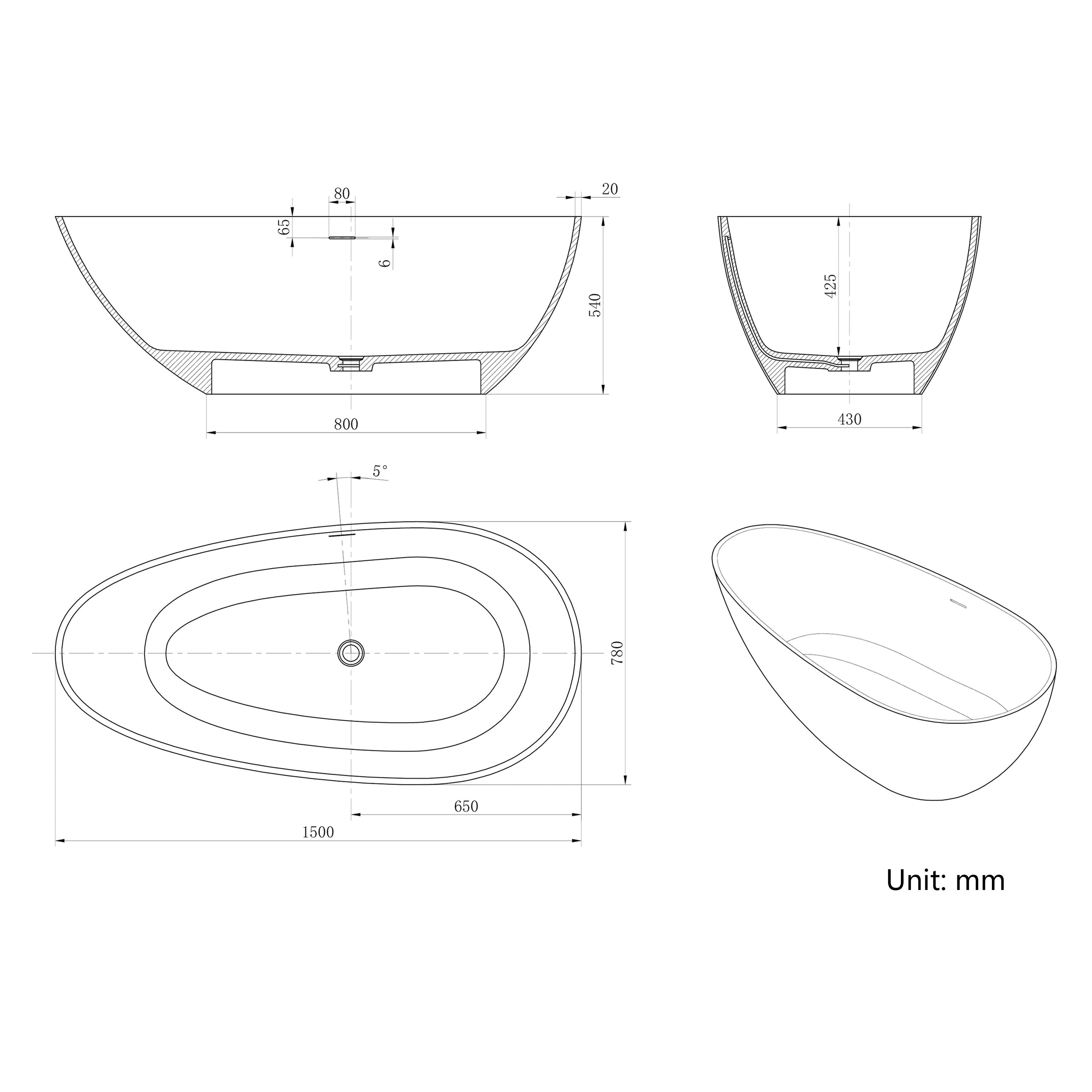 59" Egg-Shaped Solid Surface Freestanding Bathtub with Spa-Like Comfort