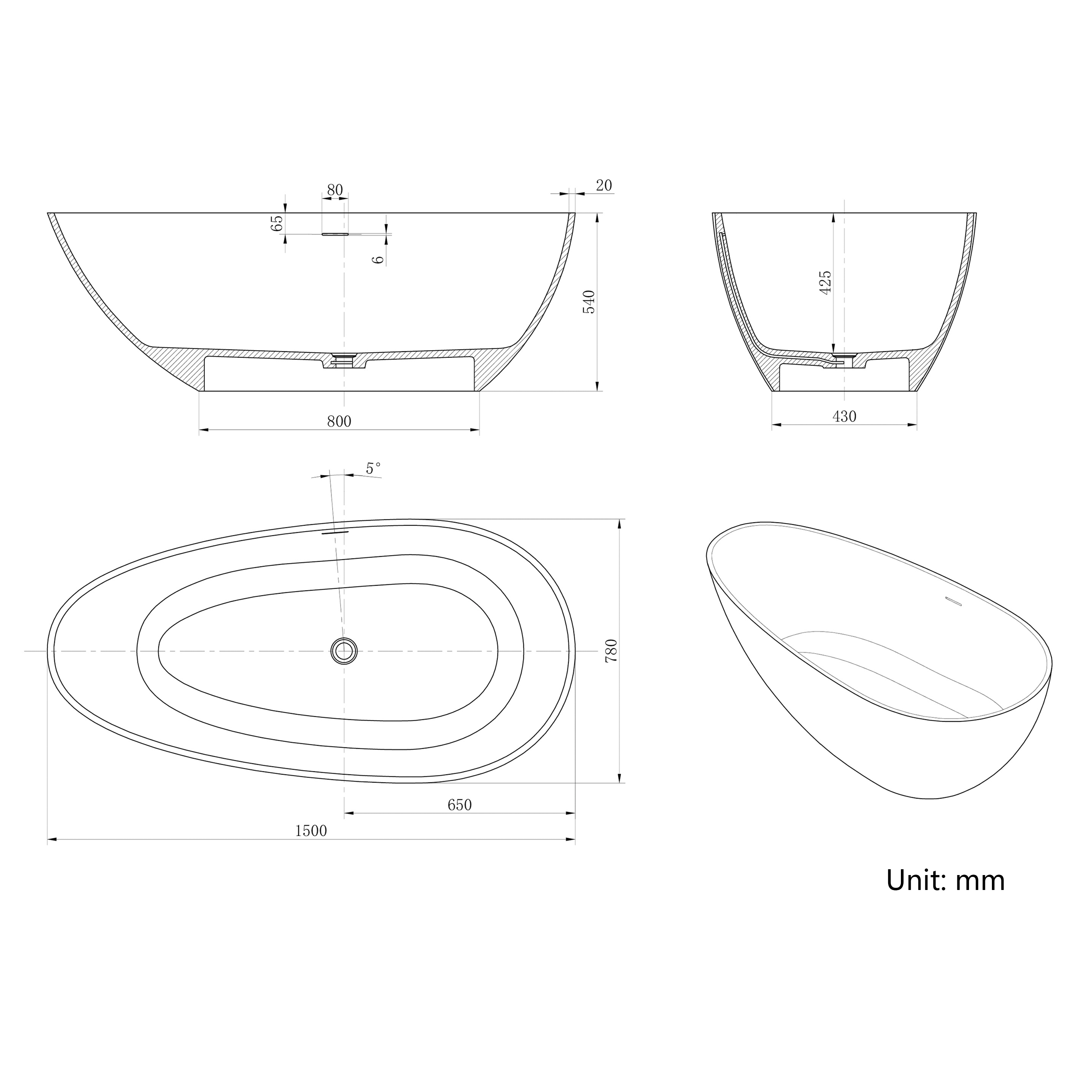 59" Egg-Shaped Solid Surface Freestanding Bathtub with Spa-Like Comfort