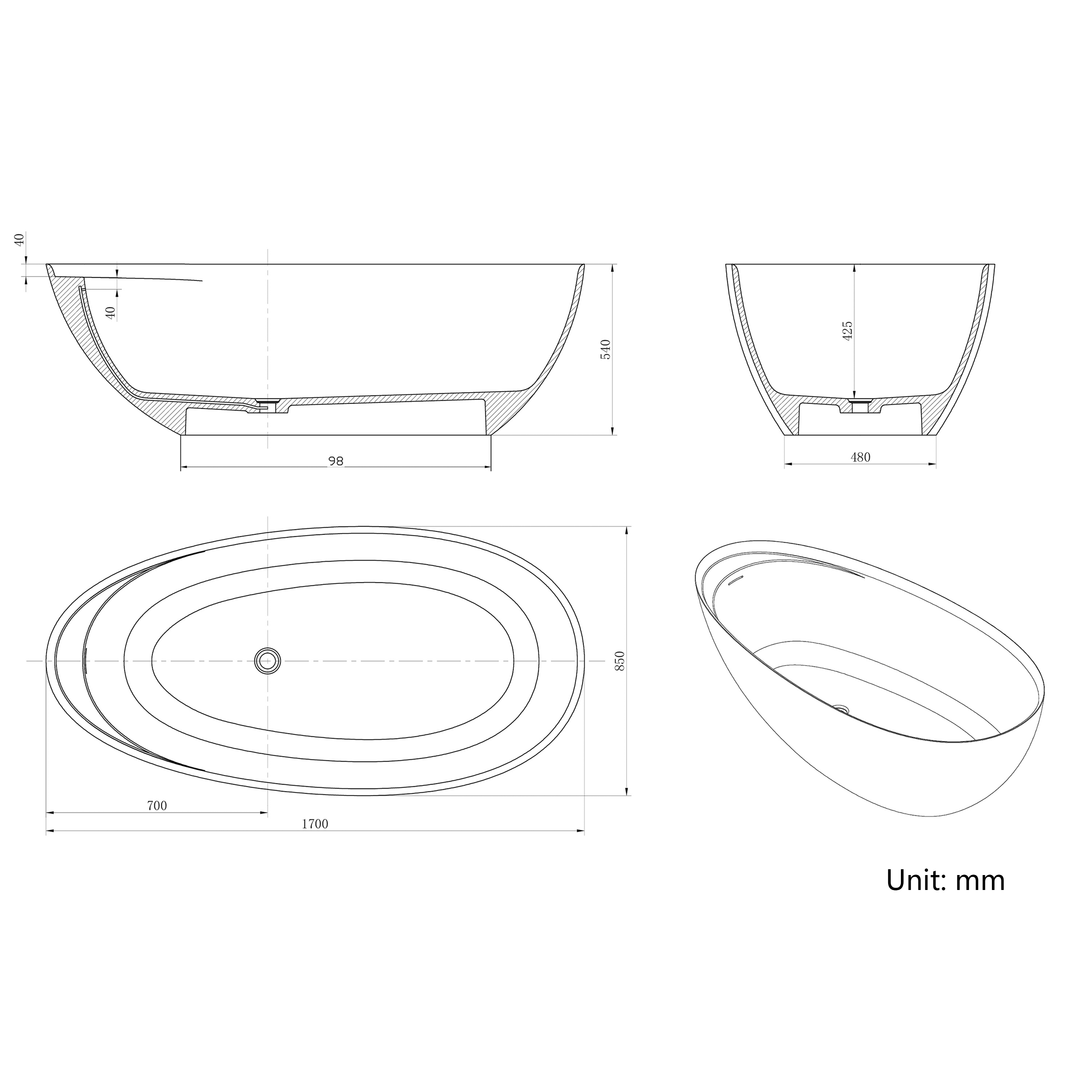 67" Luxury Freestanding Egg-Shaped Solid Surface Soaking Tub with Crescent Deck
