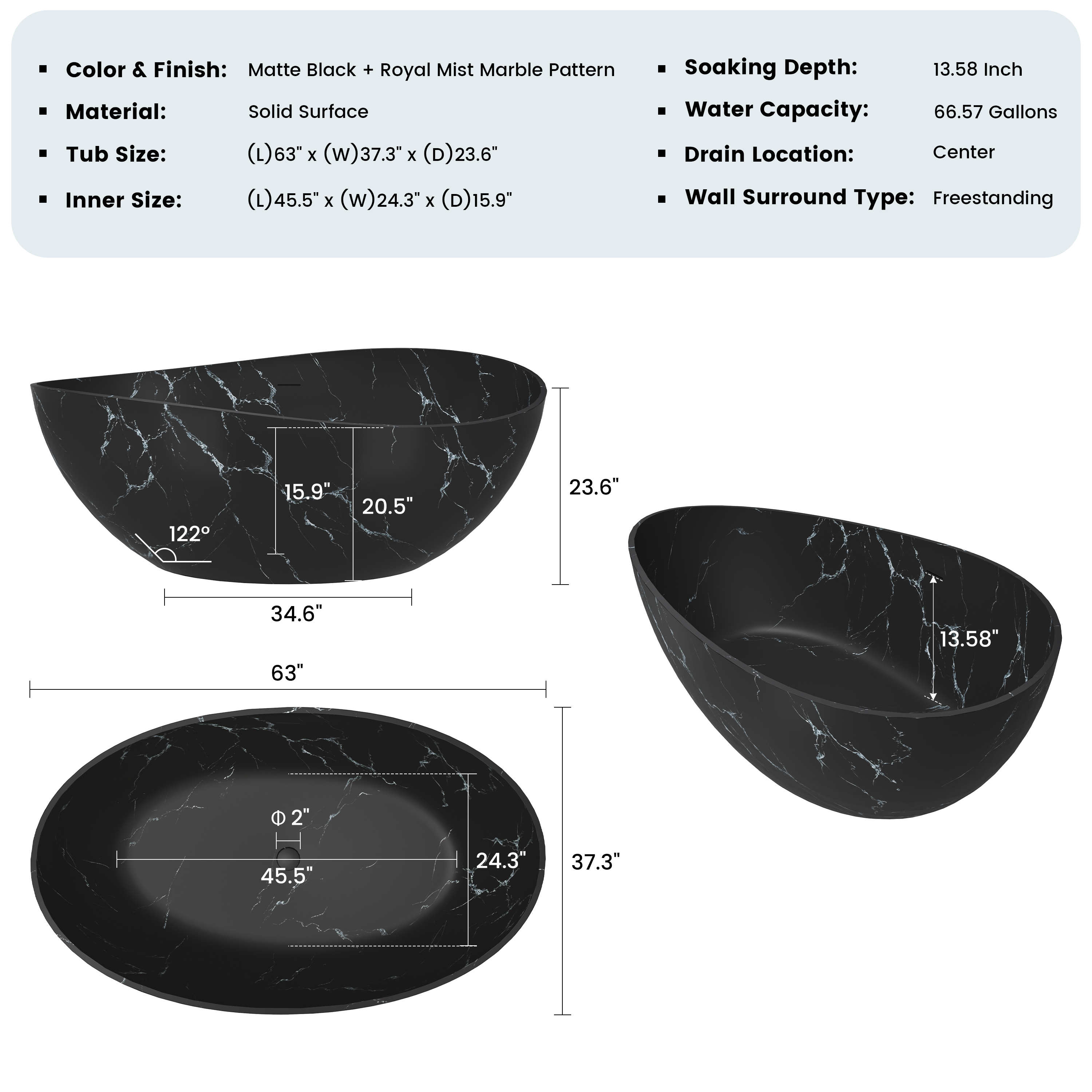63" Artistic Marble Sculptural Solid Surface Freestanding Soaking Bathtub