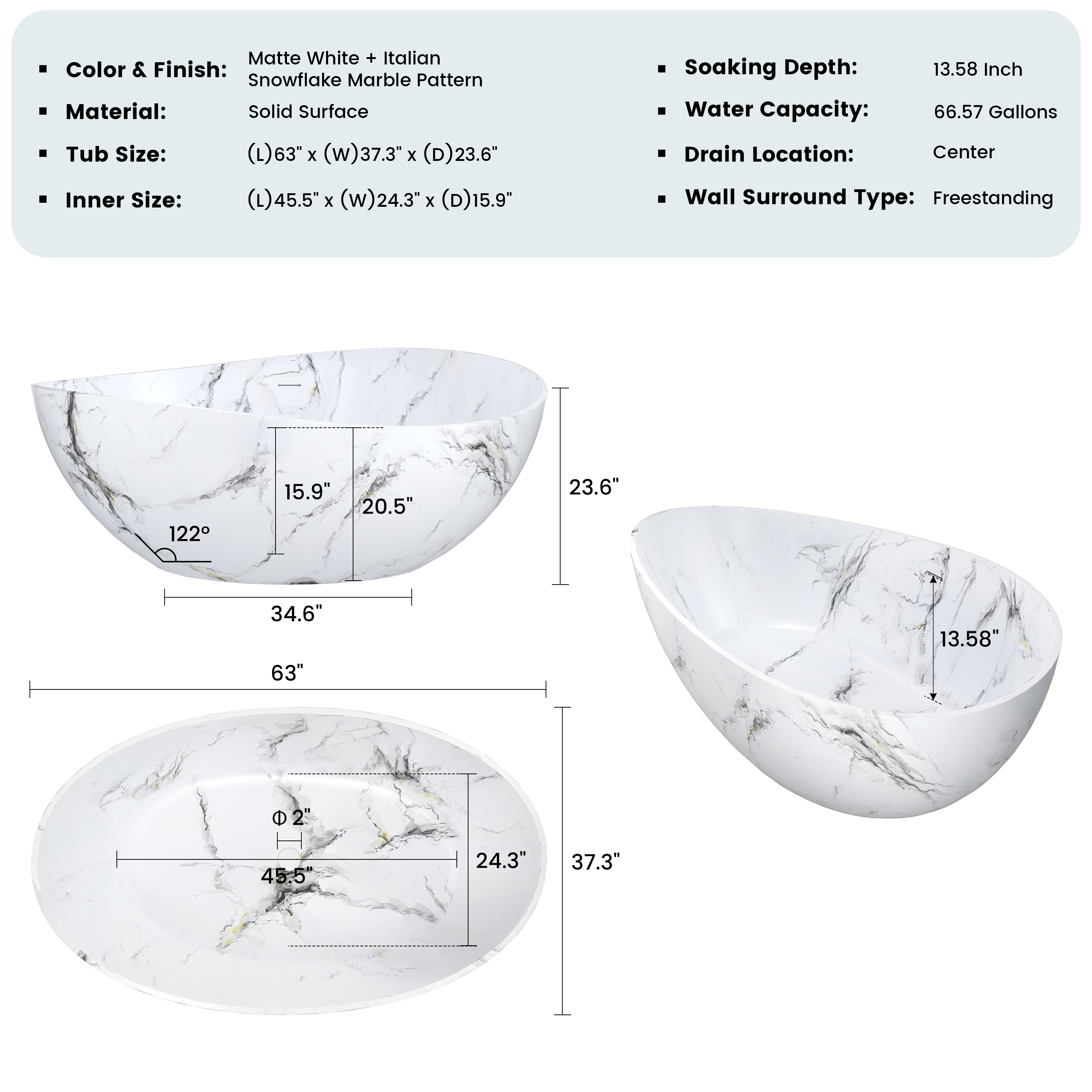 63" Artistic Marble Sculptural Solid Surface Freestanding Soaking Bathtub
