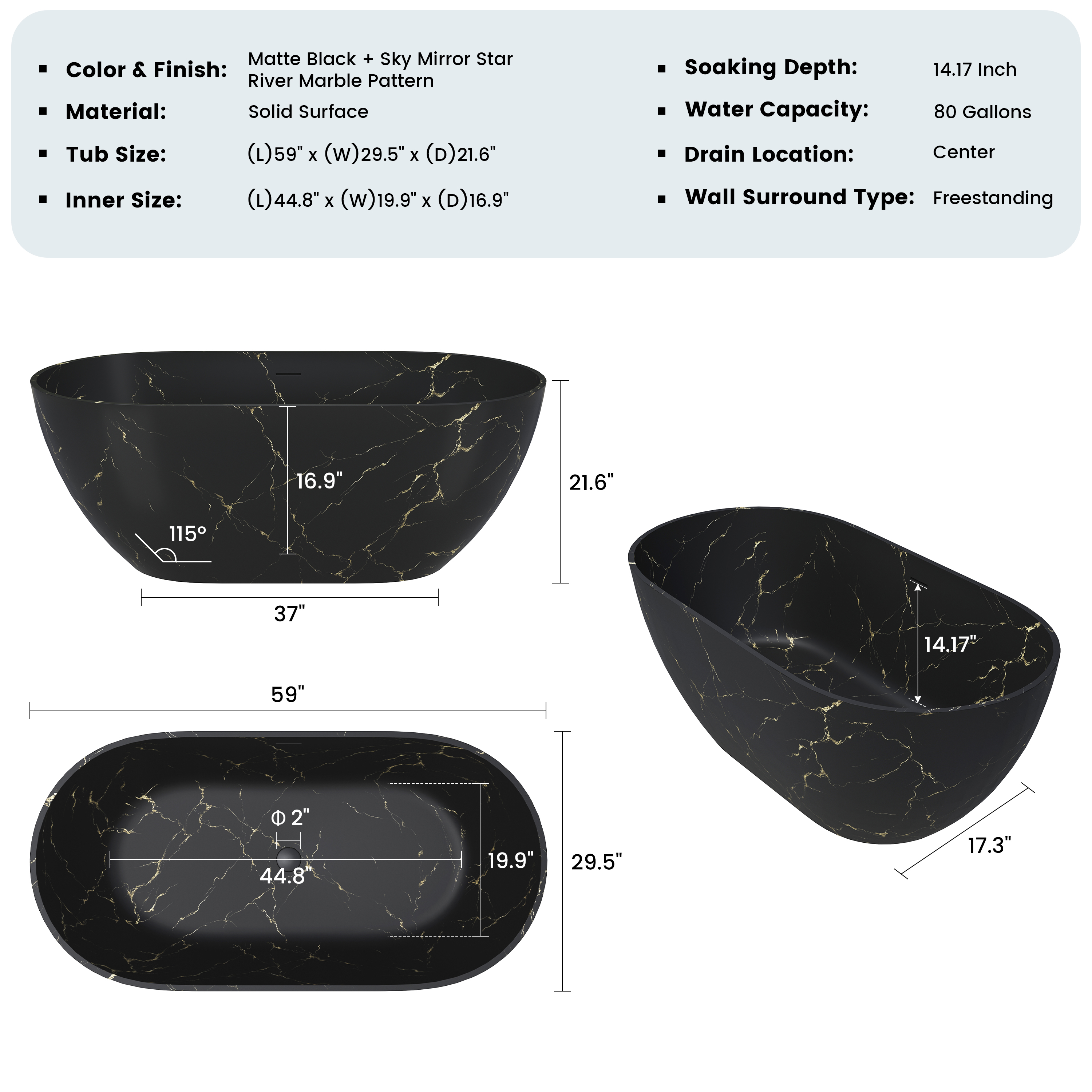59" Oval Solid Surface Freestanding Bathtub with Black & Gold Star River Pattern