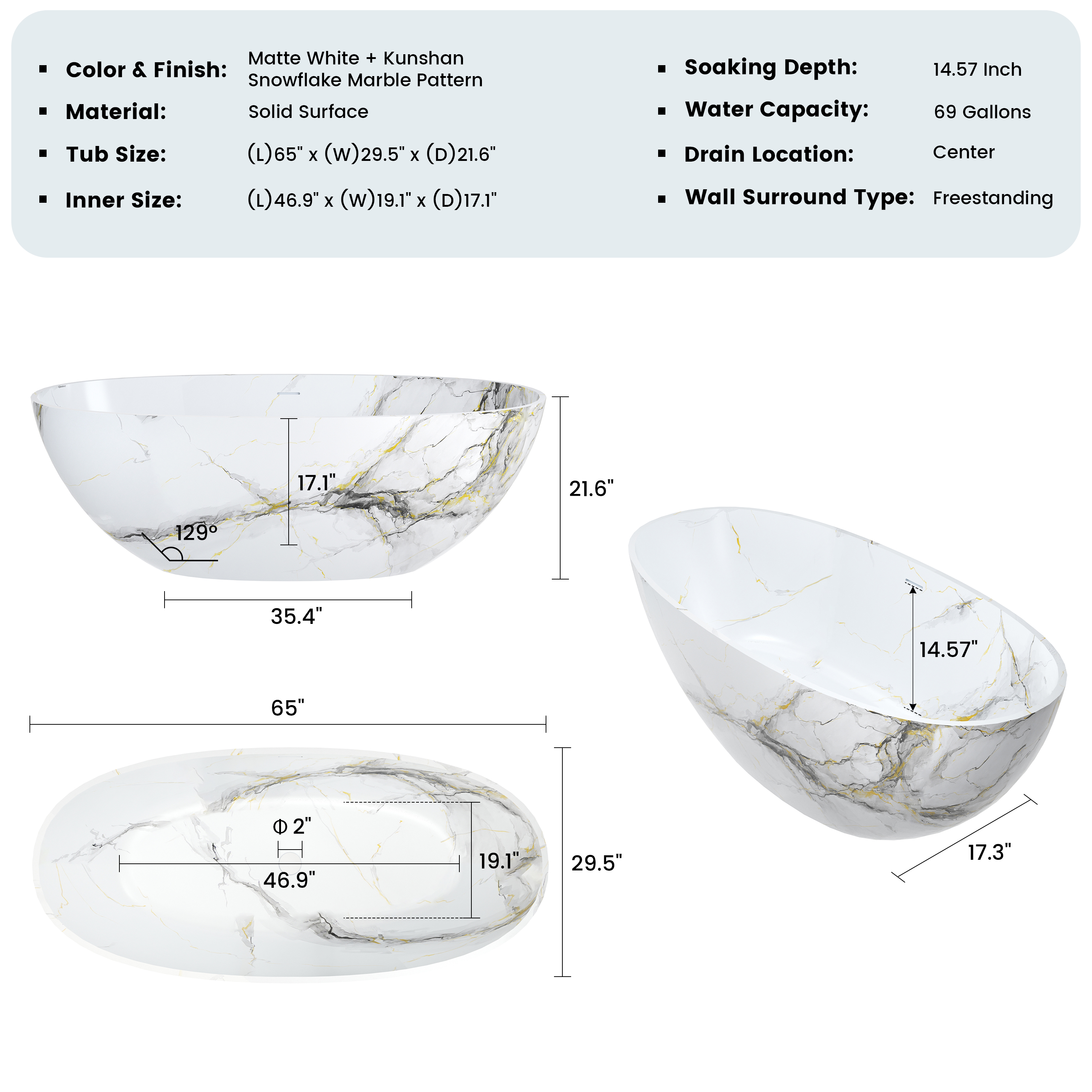 65" Freestanding Solid Surface Oval Bathtub in Marble Look Finish