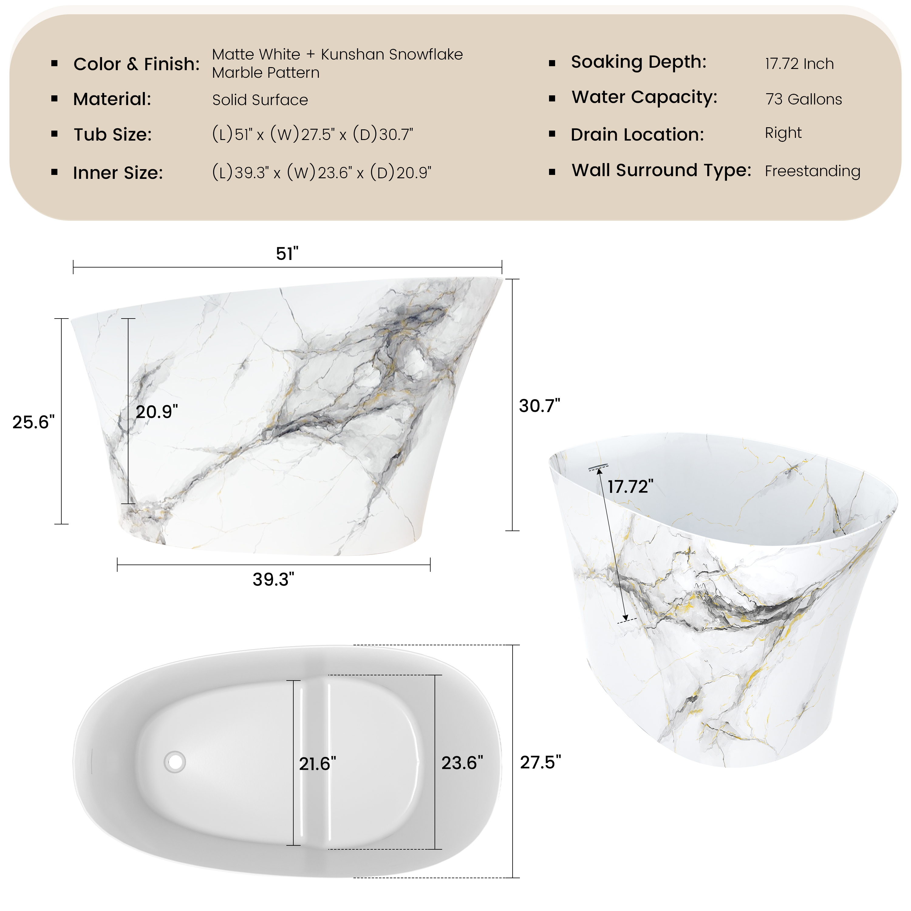 51" Freestanding Solid Surface Soaking Tub with Built-In Seat in Wood Grain & Marble Finish