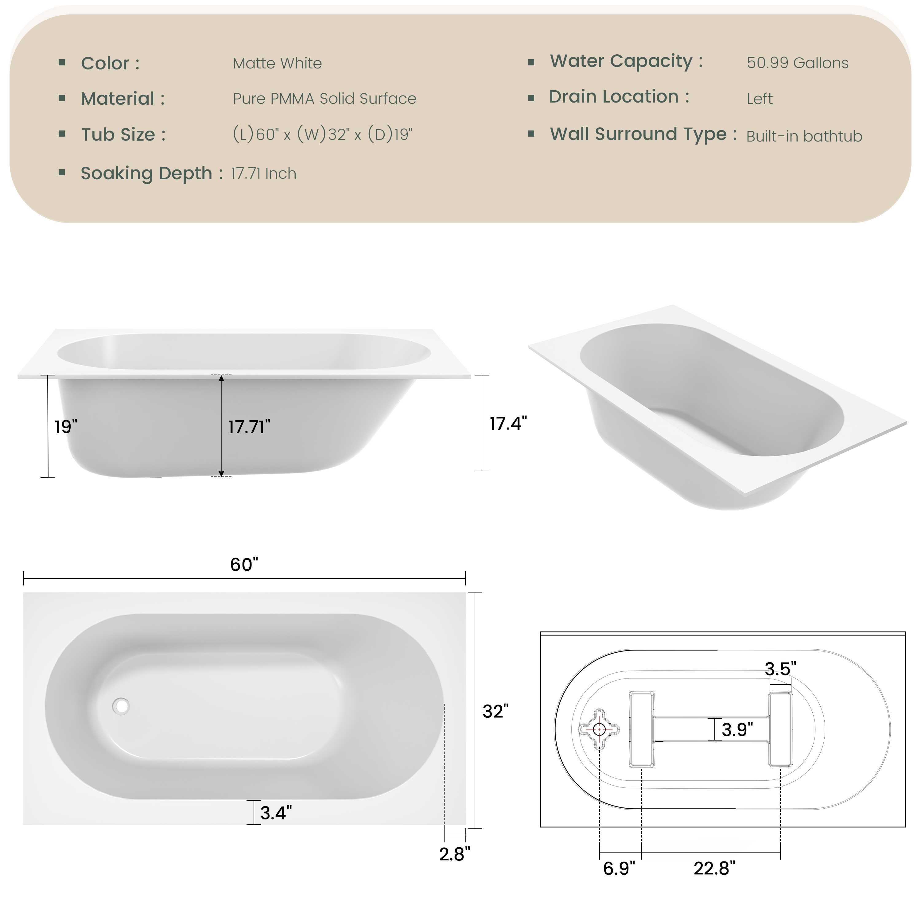 60" Luxury Drop-In Acrylic Soaking Bathtub with Rounded Interior