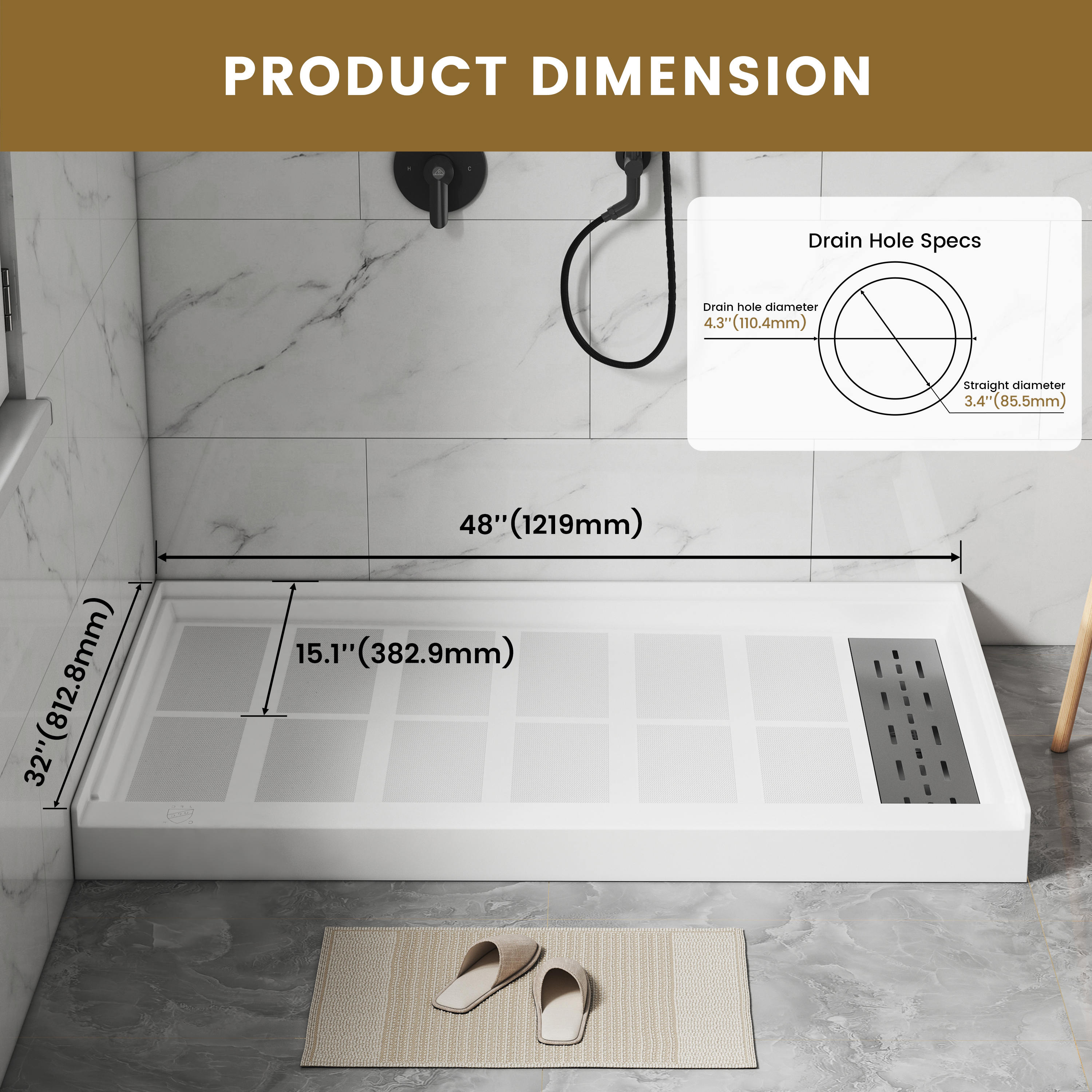 48"x32" SMC Shower Base with Anti-Slip Textured Floor & Easy Install