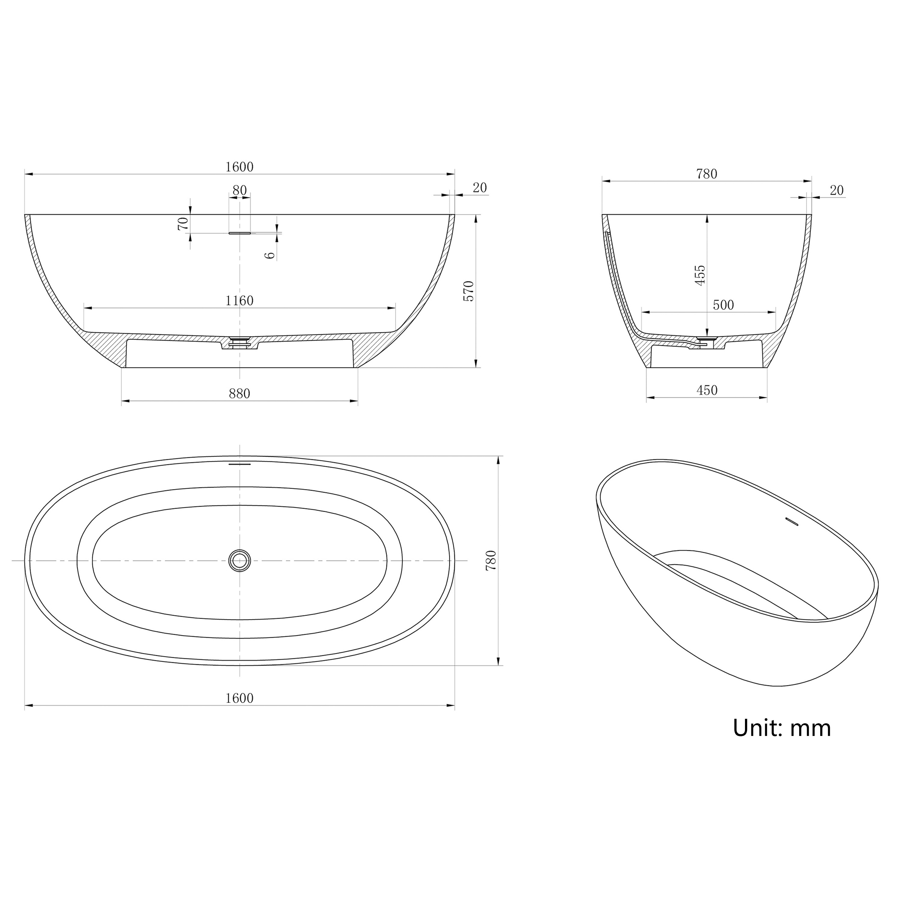 65" Freestanding Solid Surface Bathtub in Statuario White Marble Look with Ergonomic Backrest