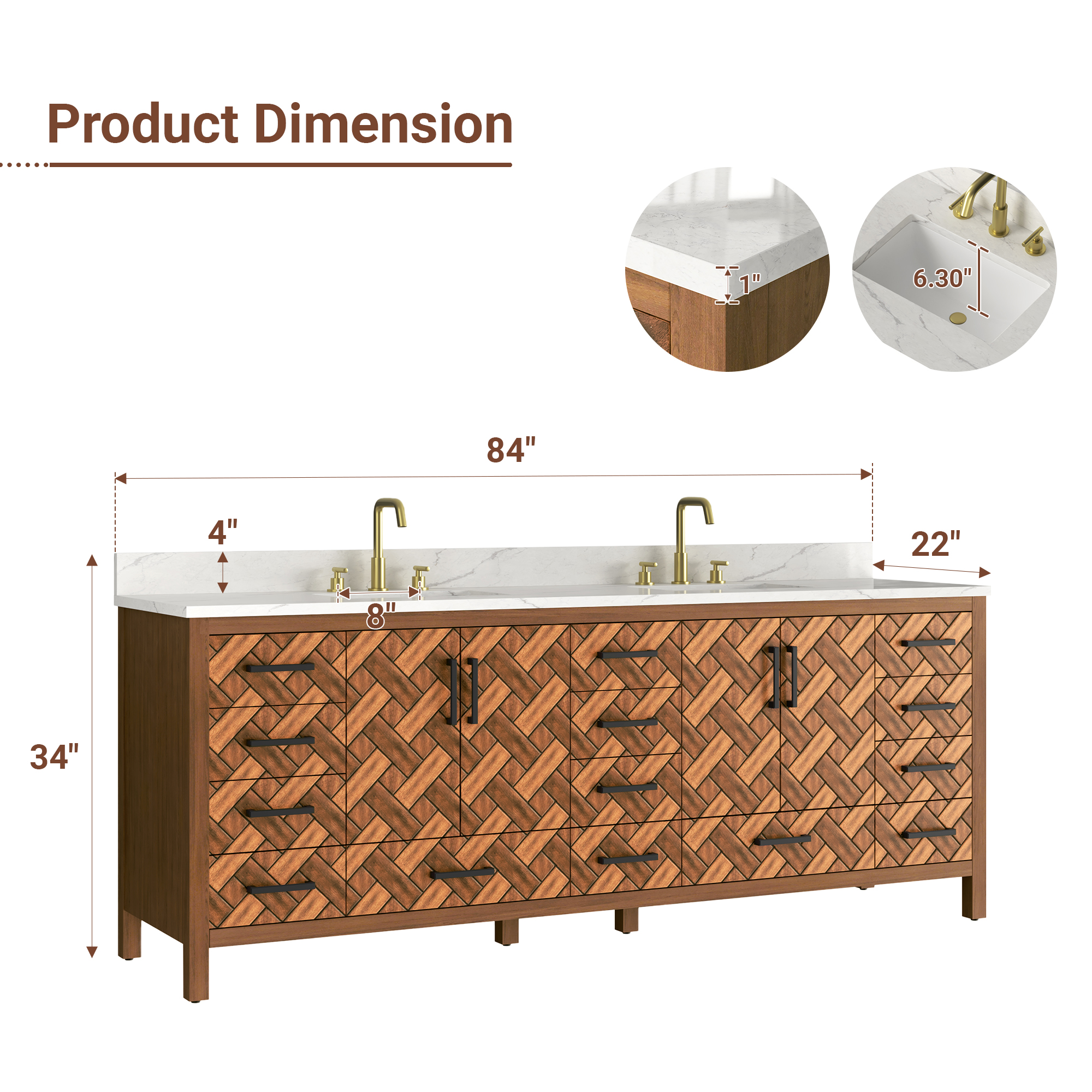 84" Freestanding Bathroom Vanity with Double Sink and Engineering Stone Top