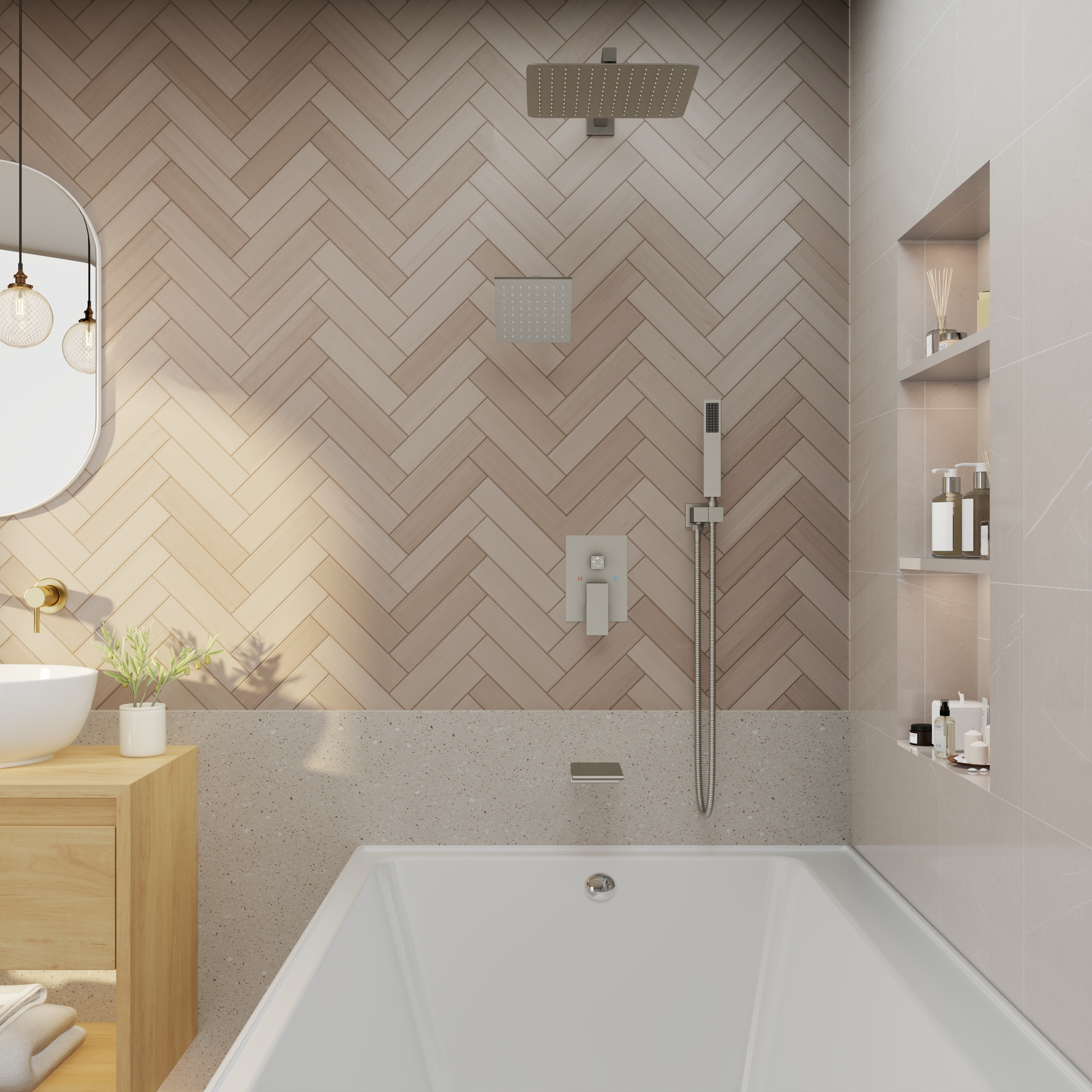 12" 4-Function Dual Shower Head System with Tub Spout