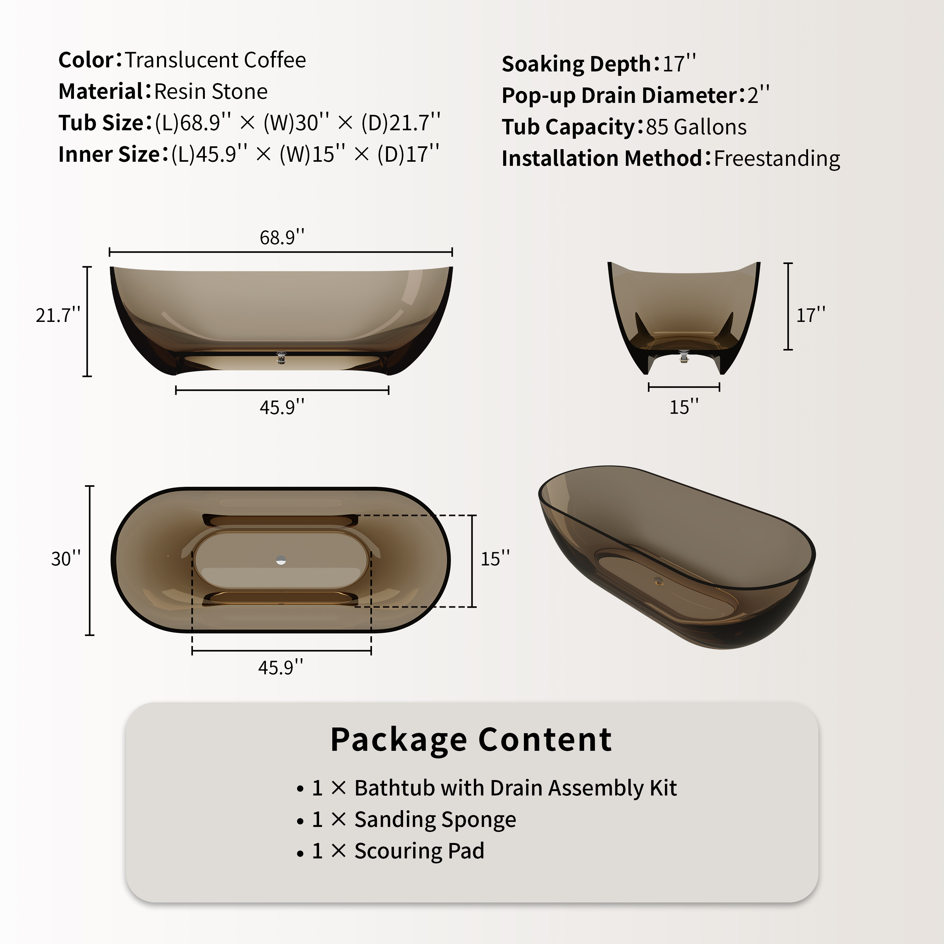 69" Coffee Pure Resin Freestanding Bathtub with Ergonomic Soaking Comfort