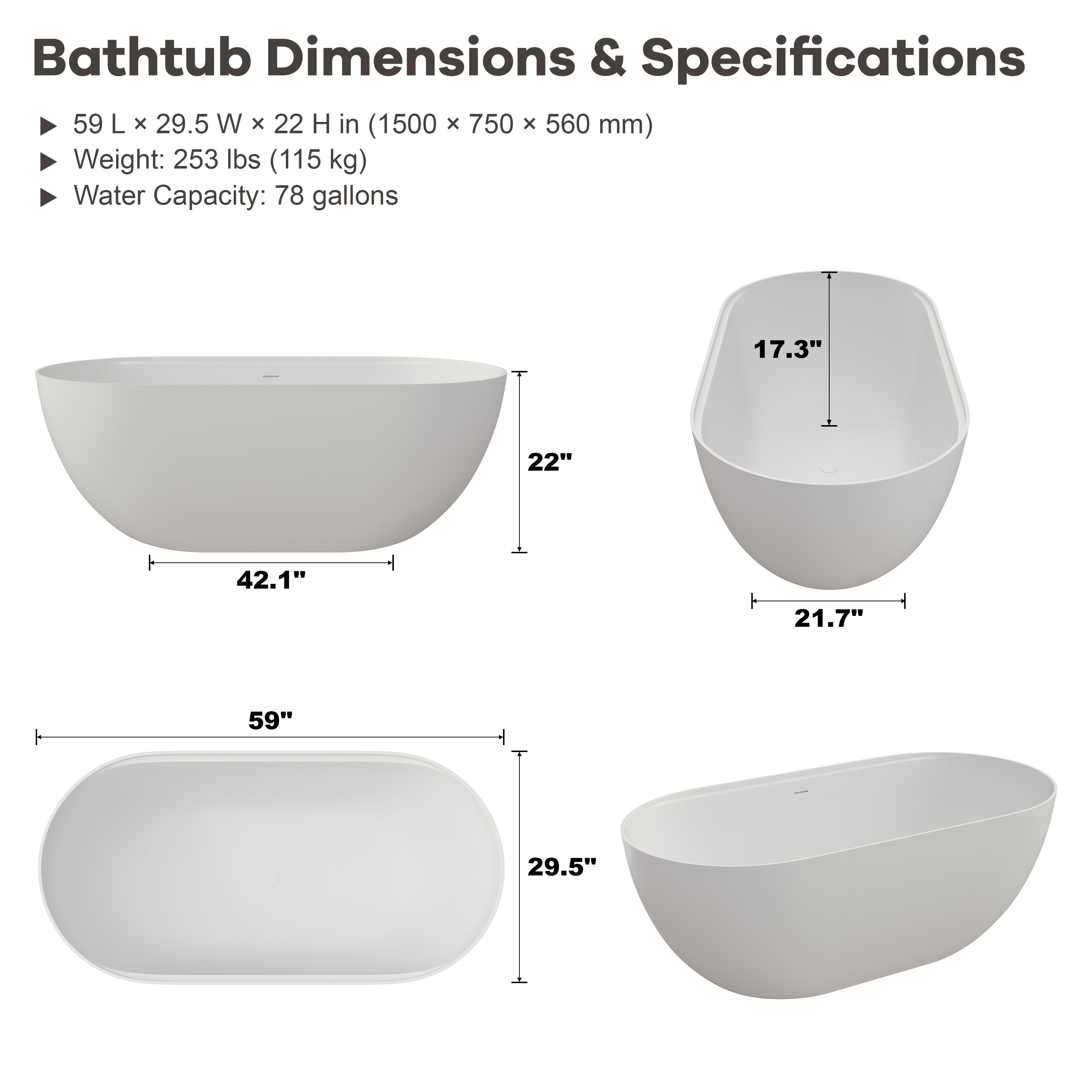 59" Matte White Solid Surface Freestanding Soaking Tub with Bath Caddy