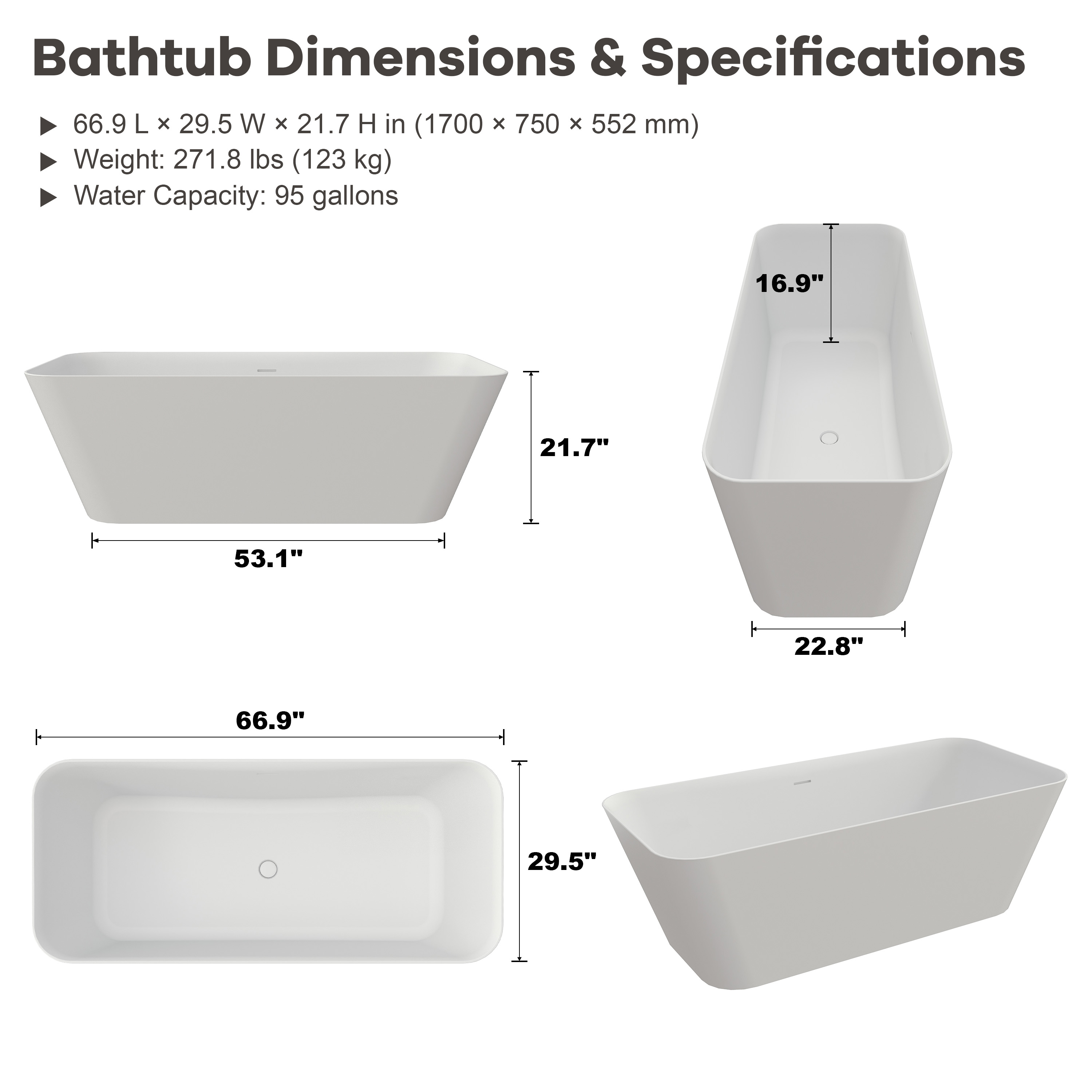 67" Rectangular Solid Surface Freestanding Soaker Tub in Matte White