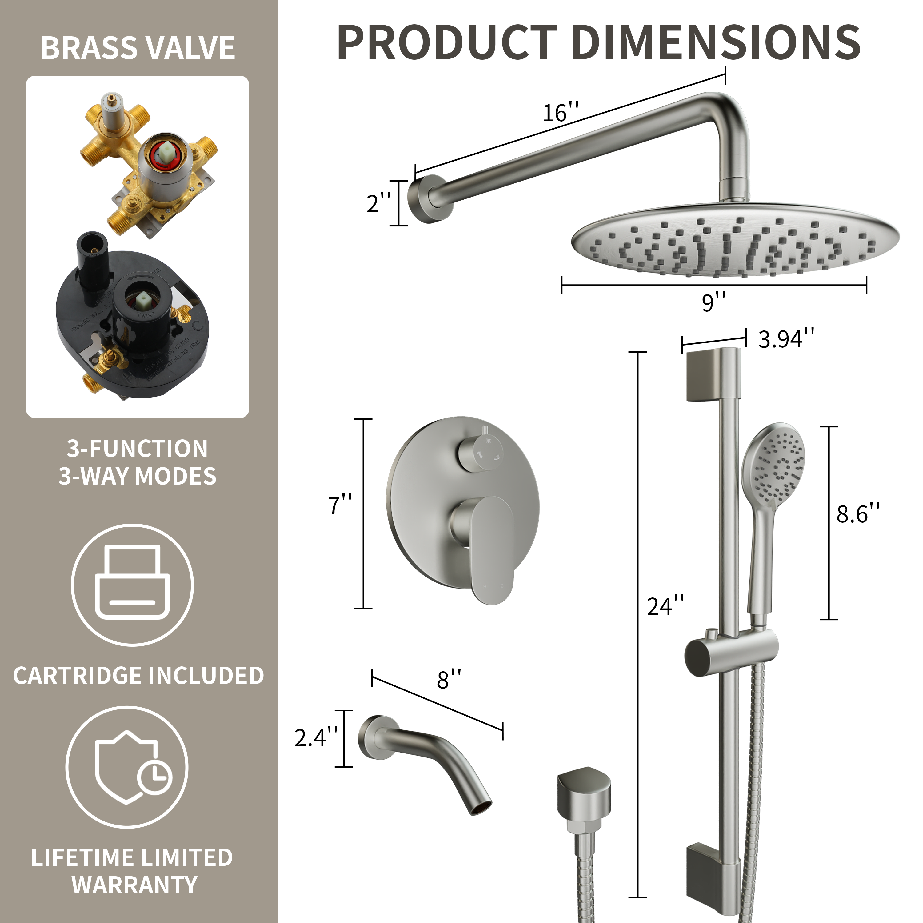 9" 3-Function Shower Faucet Set with Tub Spout & Slide Bar