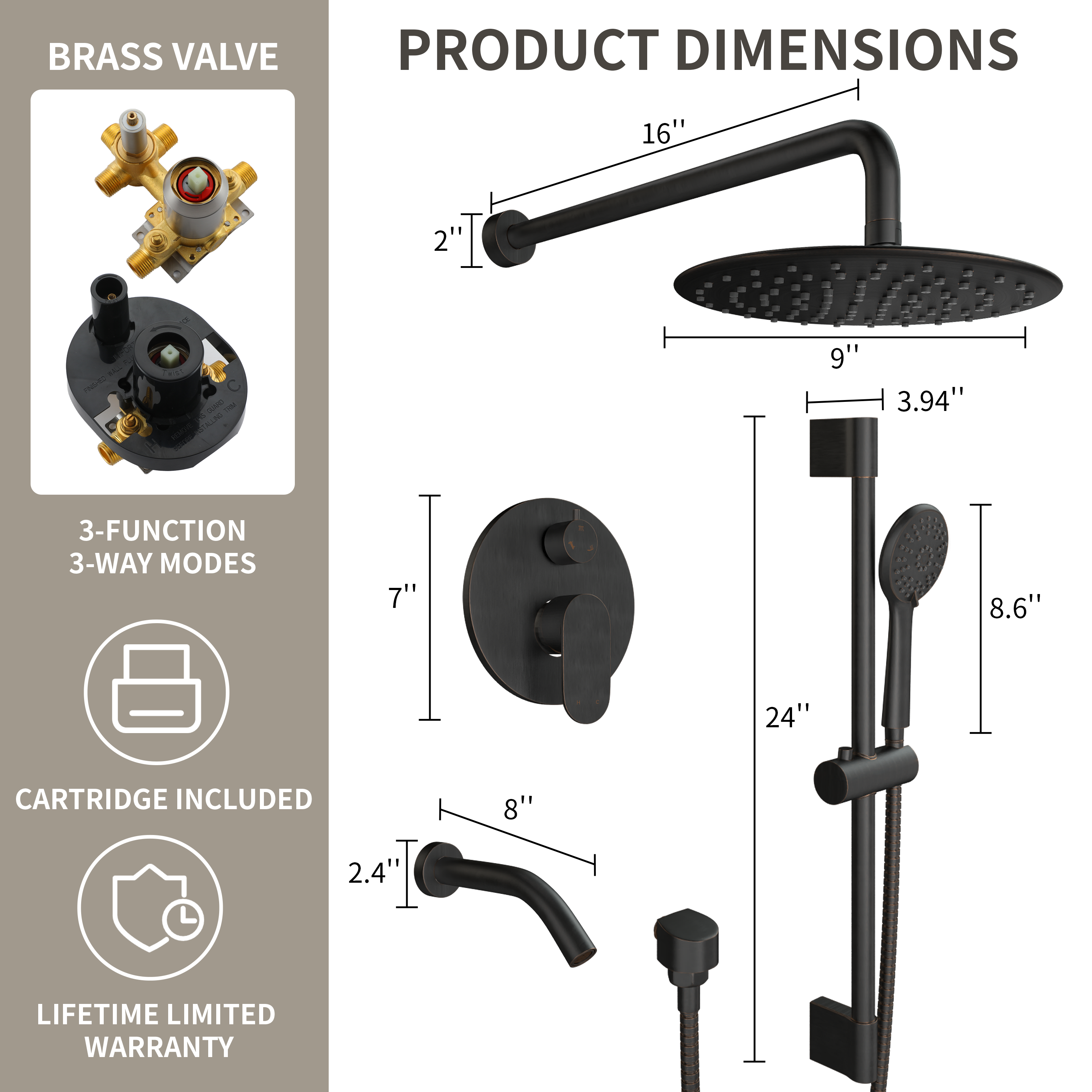 9" 3-Function Shower Faucet Set with Tub Spout & Slide Bar