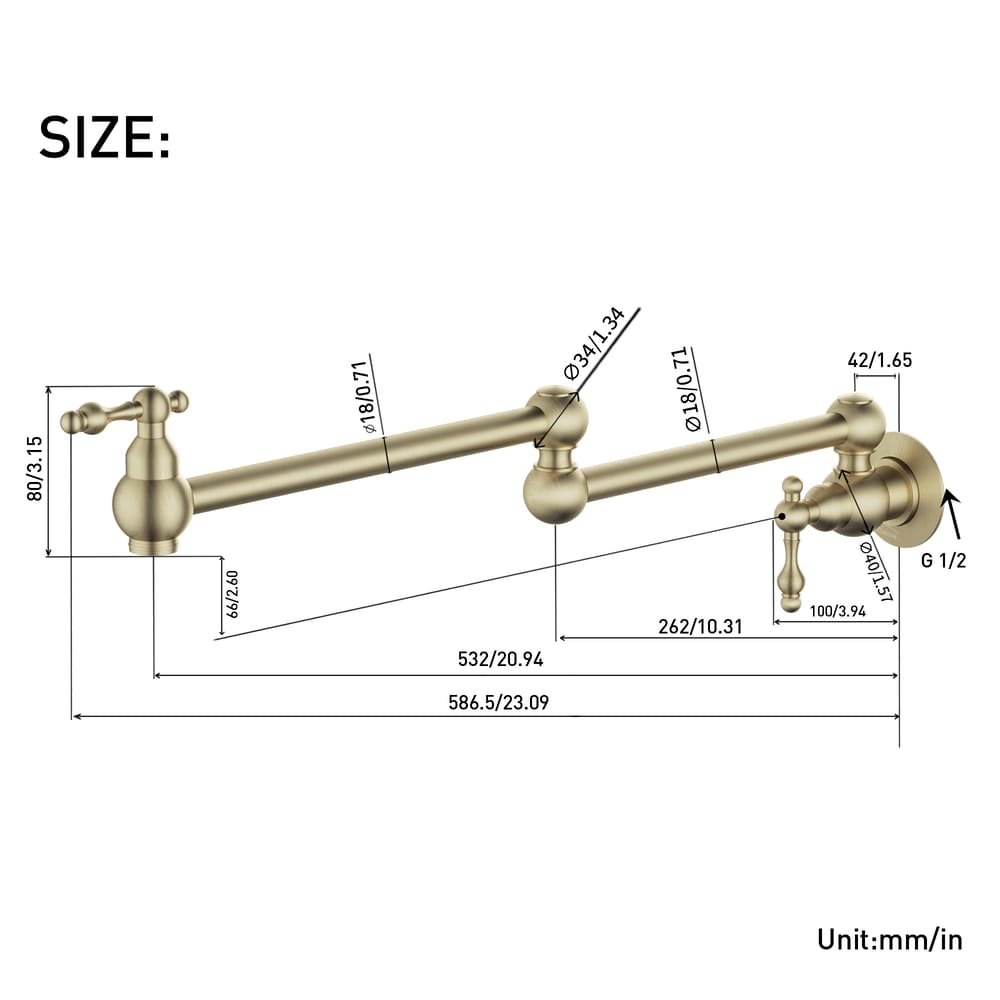 Wall Mounted Pot Filler Faucet with Double Handles, 360° Rotatable Folding Spout, Solid Brass Construction, Anti-Splash Aerator