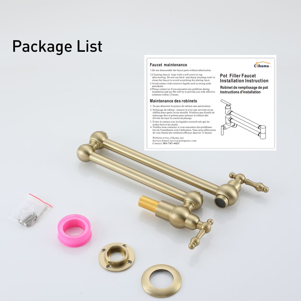 Wall Mounted Pot Filler Faucet with Double Handles, 360° Rotatable Folding Spout, Solid Brass Construction, Anti-Splash Aerator