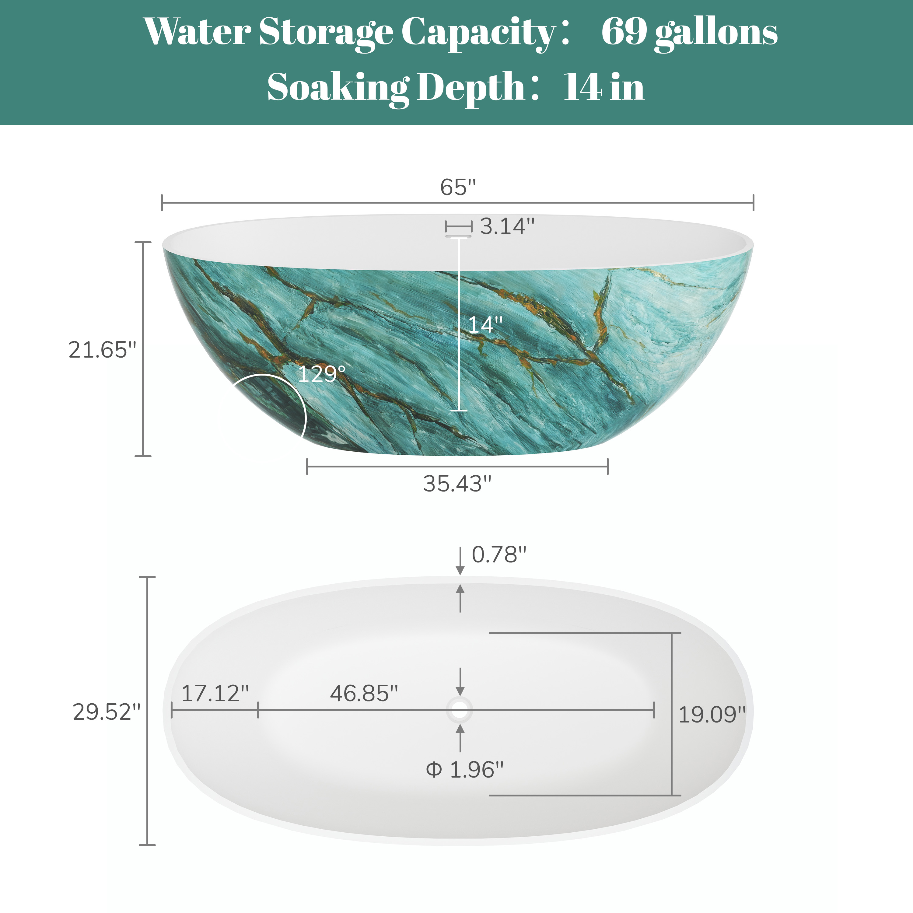 65" Freestanding Oval Solid Surface Soaking Bathtub in Emerald-Green with Center Drain & Overflow