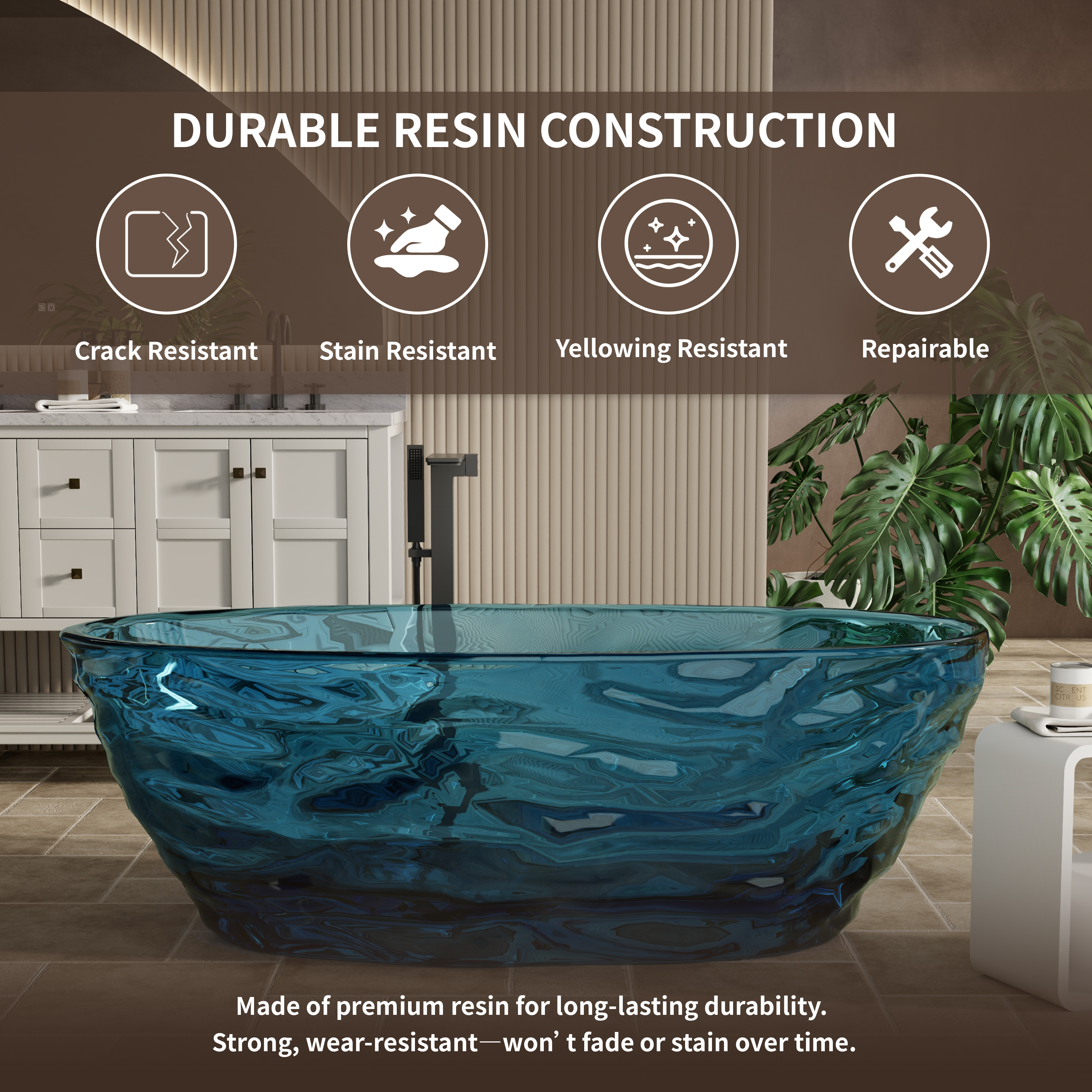 67" Contemporary Pure Resin Freestanding Soaking Bathtub with Wave Texture