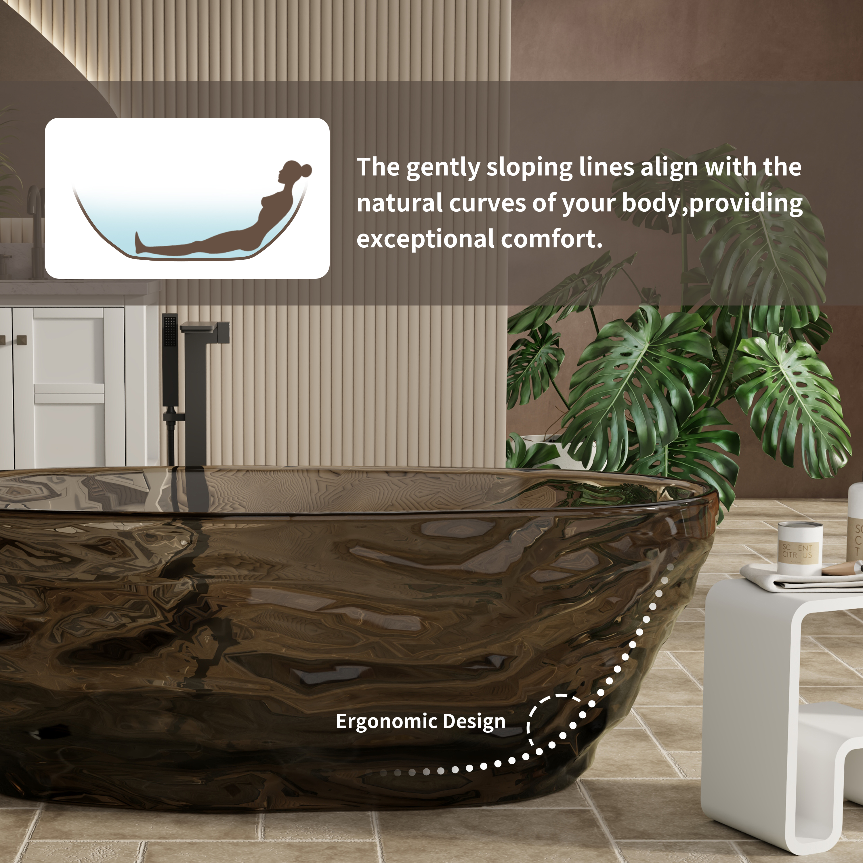 67" Contemporary Pure Resin Freestanding Soaking Bathtub with Wave Texture